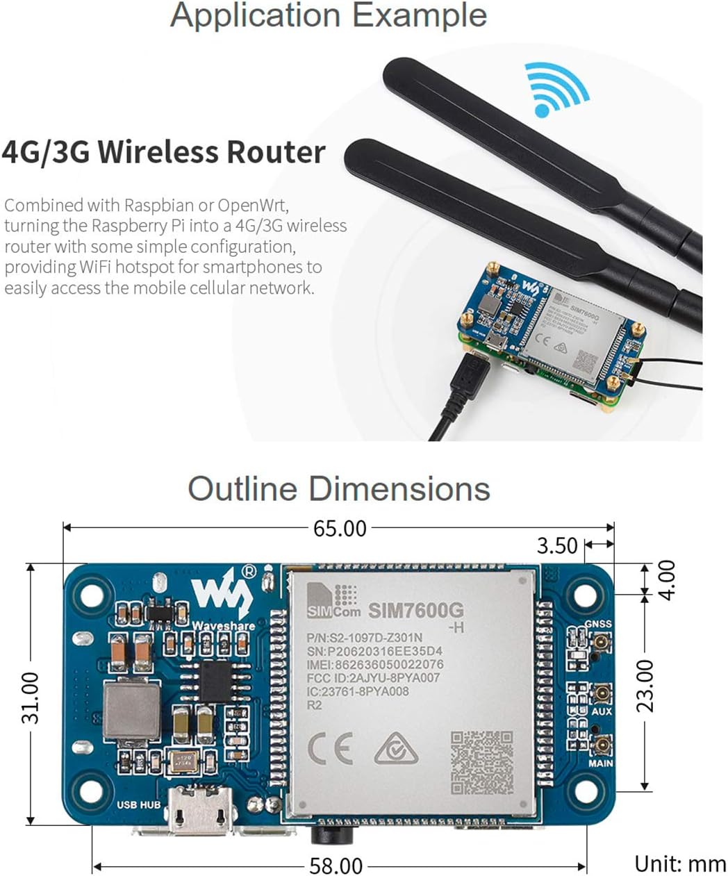 Waveshare SIM7600G-H 4G HAT for Raspberry Pi & PC, LTE Cat-4, Global Band, 4G/3G/2G, GPS, USB Connectivity