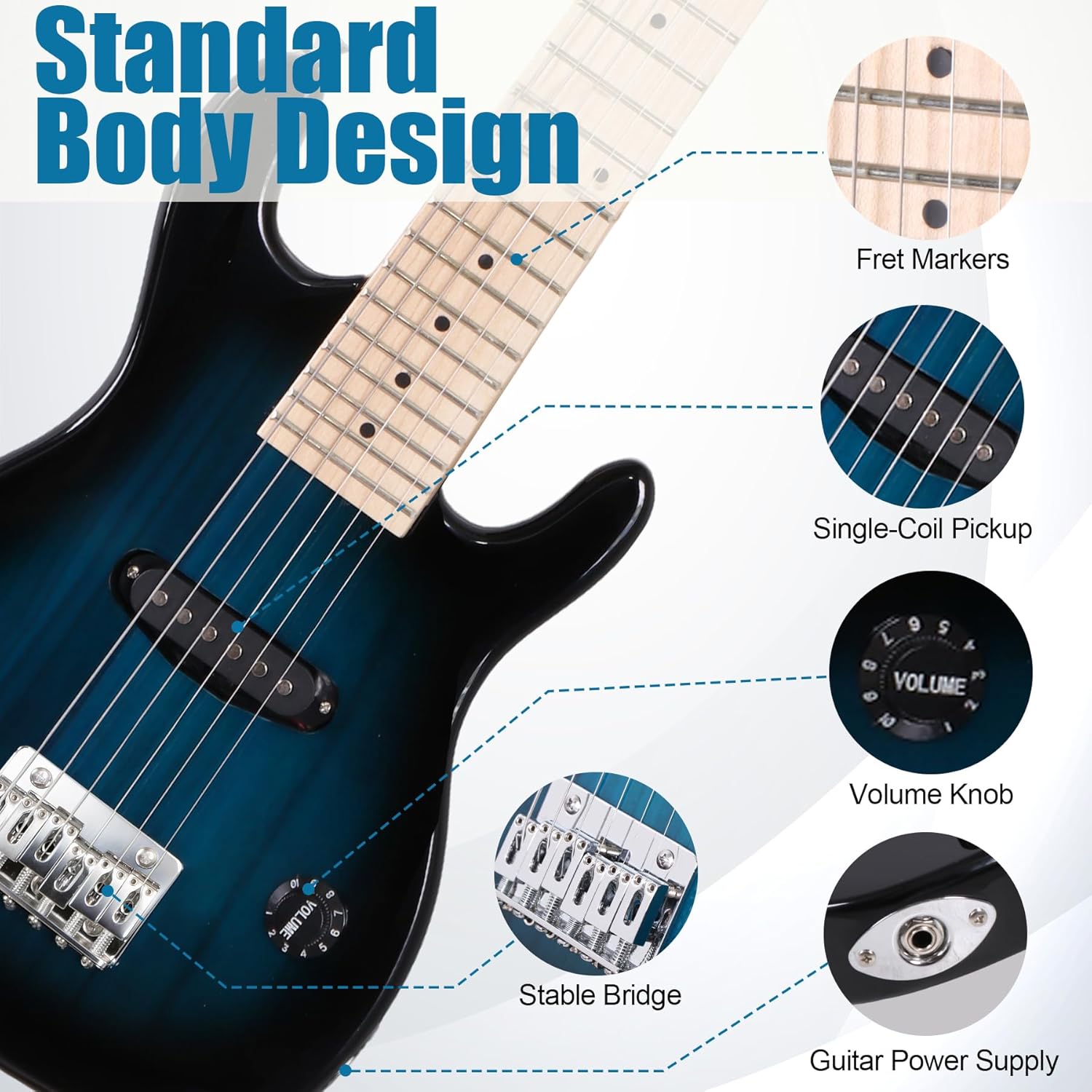 ZENY 30 inch Kids Electric Guitar with 5w Amp, Gig Bag, Strap, Cable, Strings and Picks Guitar Combo Accessory Kit, Blue