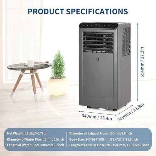 GarveeLife Portable Air Conditioner, 8000 BTU for Rooms Up to 350 Sq. Ft. 4 Modes with Remote Control Quiet AC, Dehumidifier, Fan Includes Window Installation Kit, 24-Hour Timer, Sleep Mode, Grey