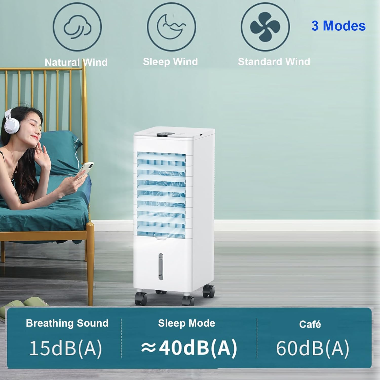 Windowless Air Conditioner for Bedroom, Swamp Cooler Fan & Humidifier with 1Gal Tank, Remote, 6 Ice Packs, 3 Speeds, 3 Modes, 12H Timer, Evaporative Cooler for Indoor