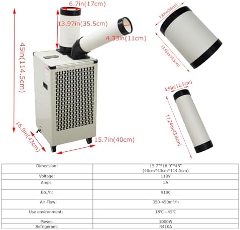 110V Industrial Air Conditioner 350-450m³/h Commercial Portable Industrial Spot Cooler Mobile Air Conditioner Single Column 9180BTU/H, 1000W