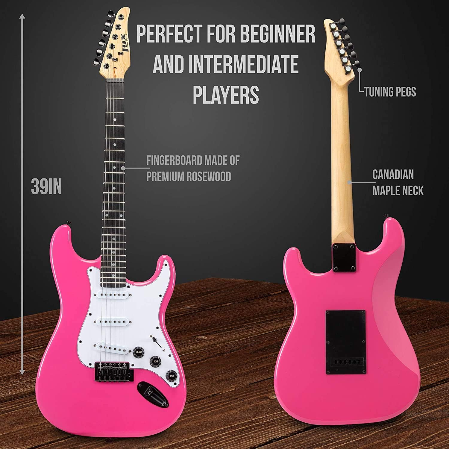 LyxPro Full Size Electric Guitar Pink with 20w Amp Package, Mackie Onyx Artist 2-2 Audio/Midi interface With Pro Tools First/Tracktion Music Production Software Kit With Professional Headphones