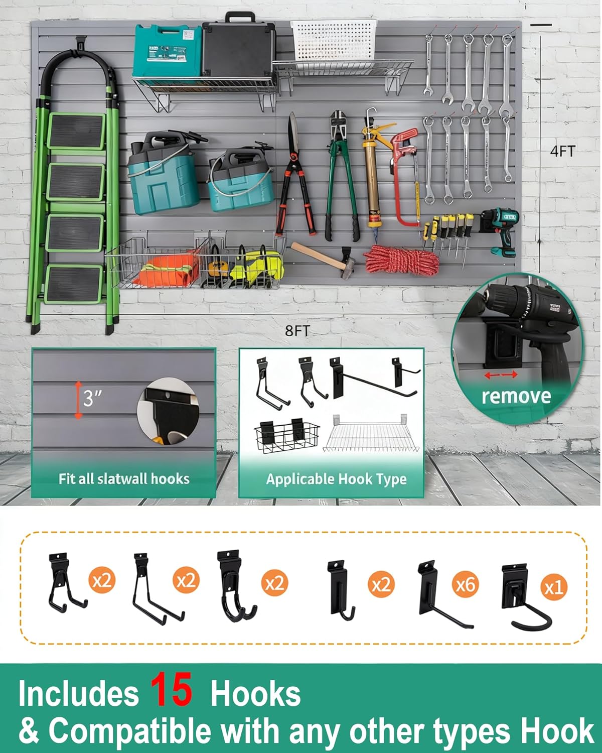 Slat Wall Paneling Garage Slat Wall Storage Systems with 15 Slatwall Hooks, 4' x8' Slatted Panels with Accessories Grey Garage Organizer PVC Slatwall Panels for Retail Display, Bike Storage Rack