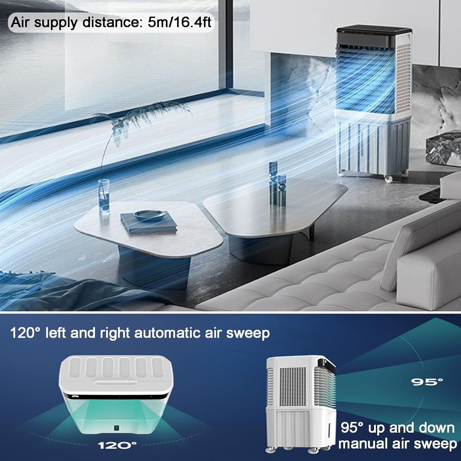 Portable Evaporative Air Cooler, Swamp Cooler with Knob, Portable Air Conditioner with 11 Gal Water Tank, 4 Ice Packs for Outdoor Indoor