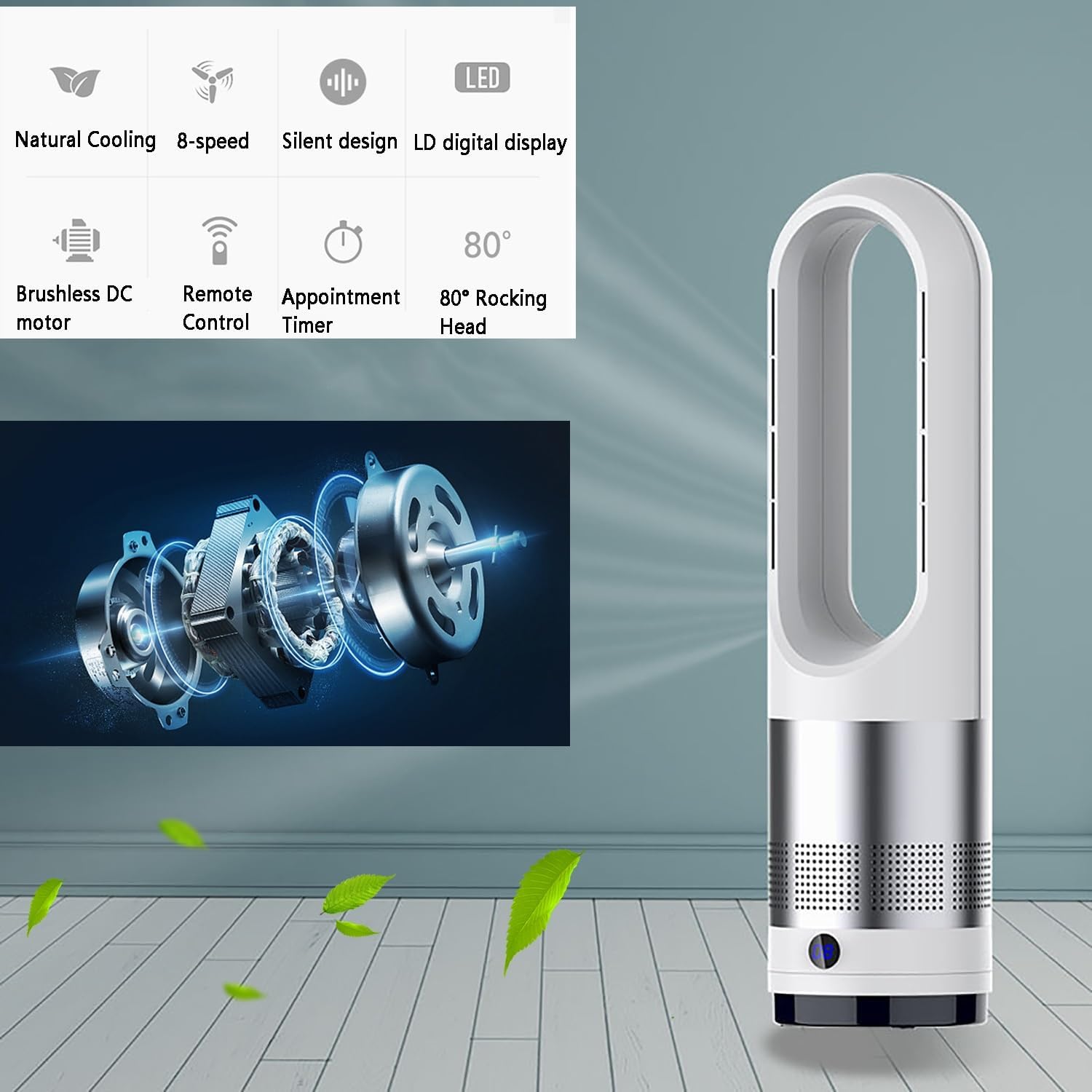 Bladeless Fan, Quiet Oscillating Tower Fan with Remote, Office Floor Fan, Air Circulation Fans, Hot and Cold, Can Be Used All Year Round；8 Air Speeds, Timed Appointments(Blue)