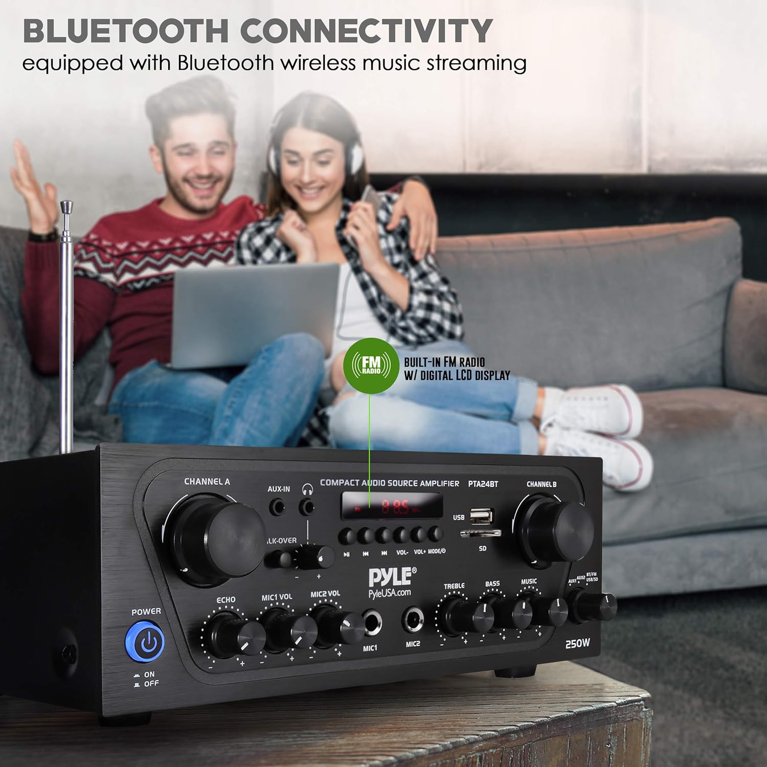 Pyle 2-Channel Bluetooth Home Stereo Amplifier - 250W Wireless Audio Receiver, Karaoke Optimized: Dual Mic In with Echo, Mic Talk-Over, FM Radio, USB-A MP3 Player, RCA, AUX, Remote Ctrl - PTA24BT