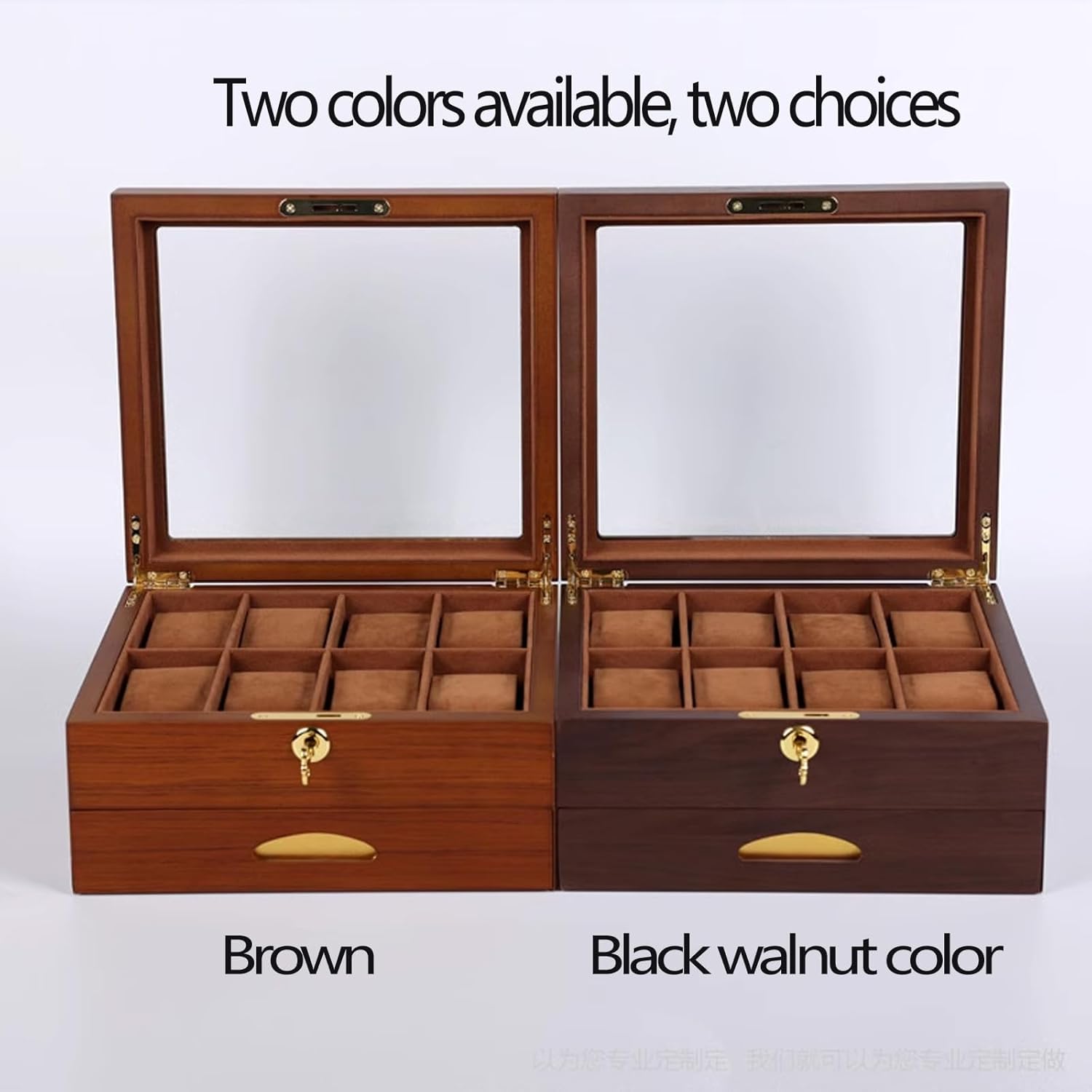 Double-Layer Wooden Jewelry Box with Glass Cover, Drawer-Style Jewelry Storage Box for Watches, Rings, Bracelets and Other Accessories, Gifts for Loved Ones,Brown,Black Walnut Color