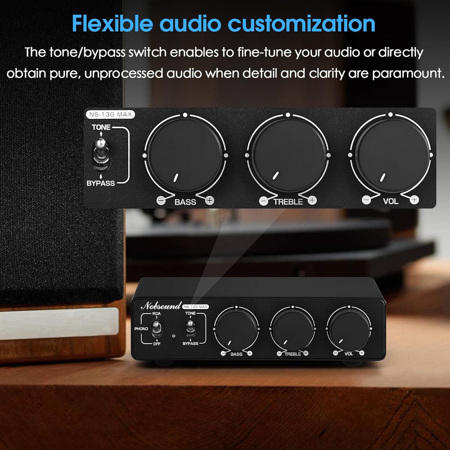 Nobsound 300Wx2 Stereo Amplifier with Phono Input - HiFi Class D Mini Power Amp for Home Theater, Turntables, Studio Monitor | TPA3255 Chip, RCA/MM Inputs, Bass/Treble Control (NS-13G MAX DC 48V)