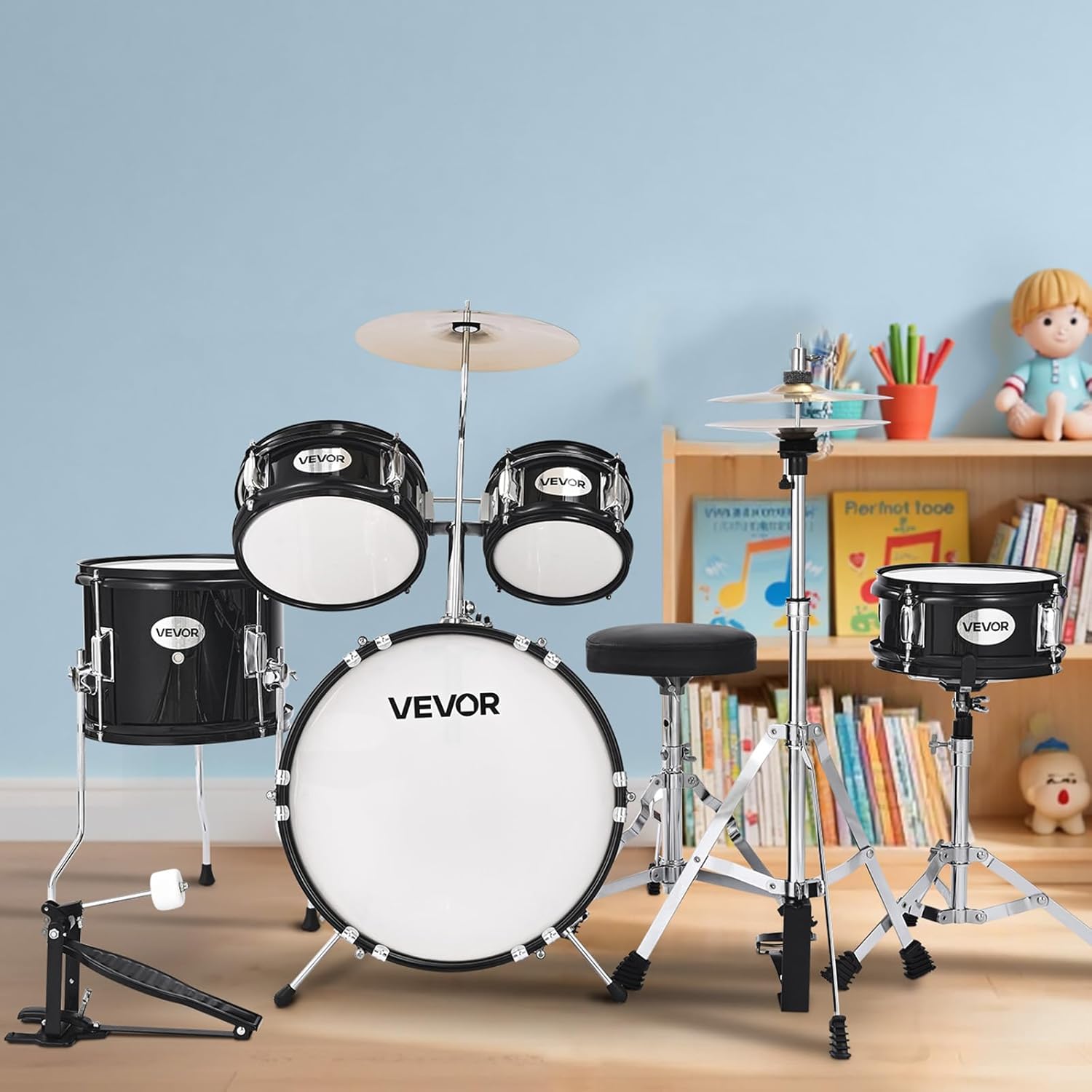 VEVOR Kids Drum Set, 5-Piece 14 in Junior Drum Sets, Beginner Drums Set with Adjustable Throne, Cymbal & Two Pairs of Drumsticks, Musical Learning Drums Instruments Kit, for Children Ages 6-13(Black)