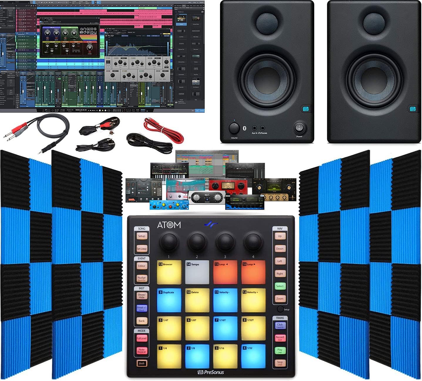 PreSonus ATOM Production, MIDI Pad Controller for USB/iPad & iOS, Eris 3.5 BT Pair Monitors, 24 Pack Acoustic Soundproof Foam Wedge Sound Insulation Panels + 3.5mm/TRS to Dual 1/4