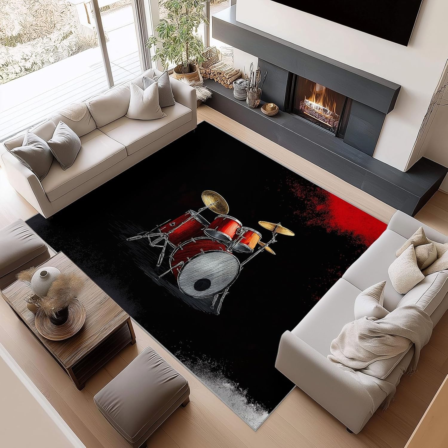 4x6 ft Area Rug for Bedroom, Washable Rugs for Living Room, Musical Instruments Drum Kit Notes Indoor Faux Wool Kids Rug Black Throw Carpets Soft Low Pile Mat for Bedside Entryway