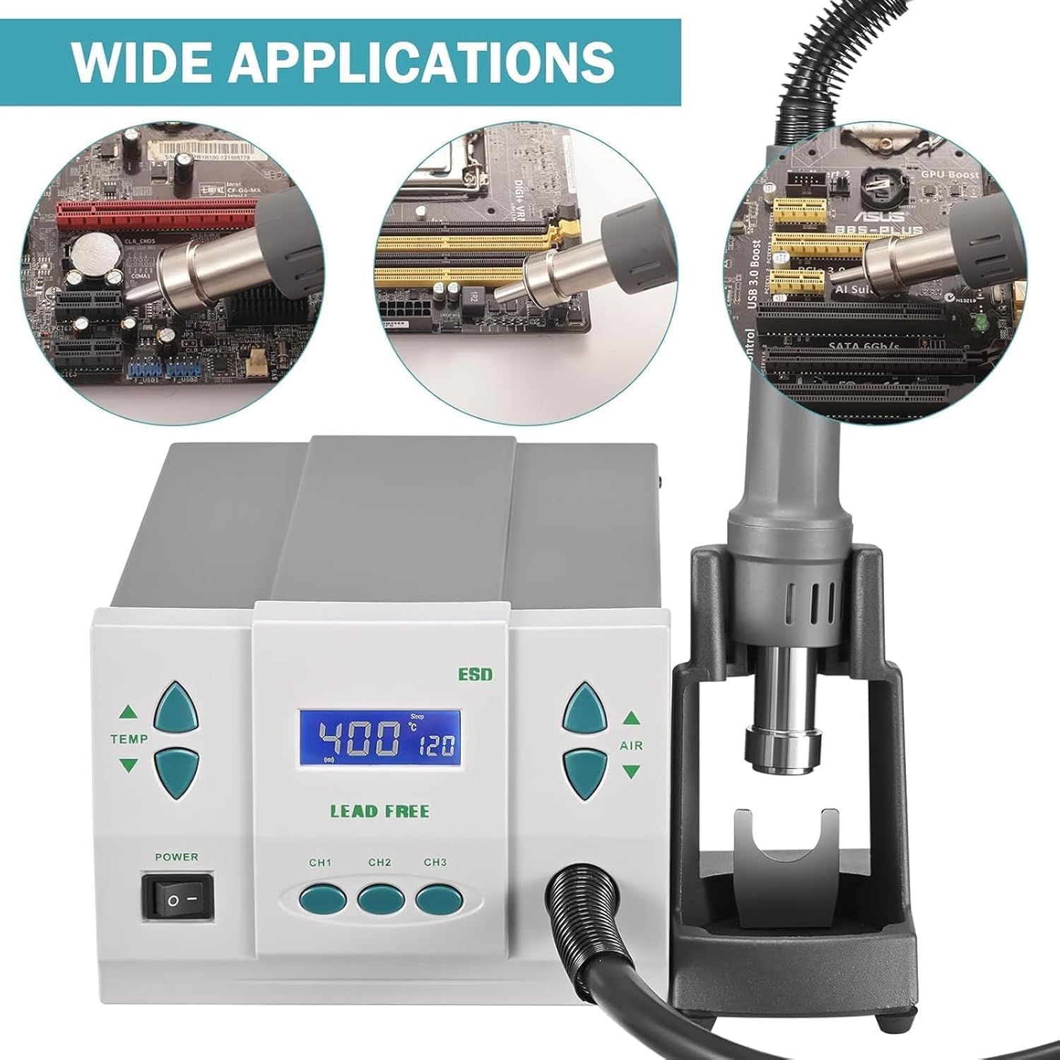 Hot air rework station, soldering hot air gun, 1000W digital display soldering station and soldering tool set, for electronic product repair and desoldering