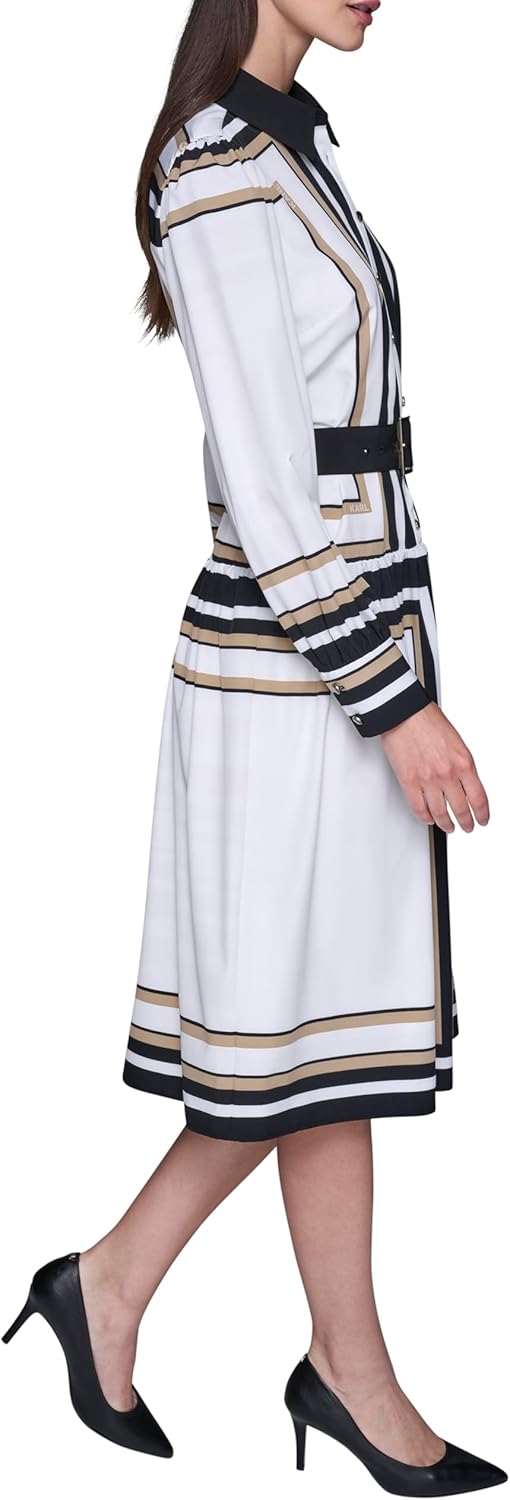 Karl Lagerfeld Women's Collared Printed Silky Crepe Belted Midi Dress
