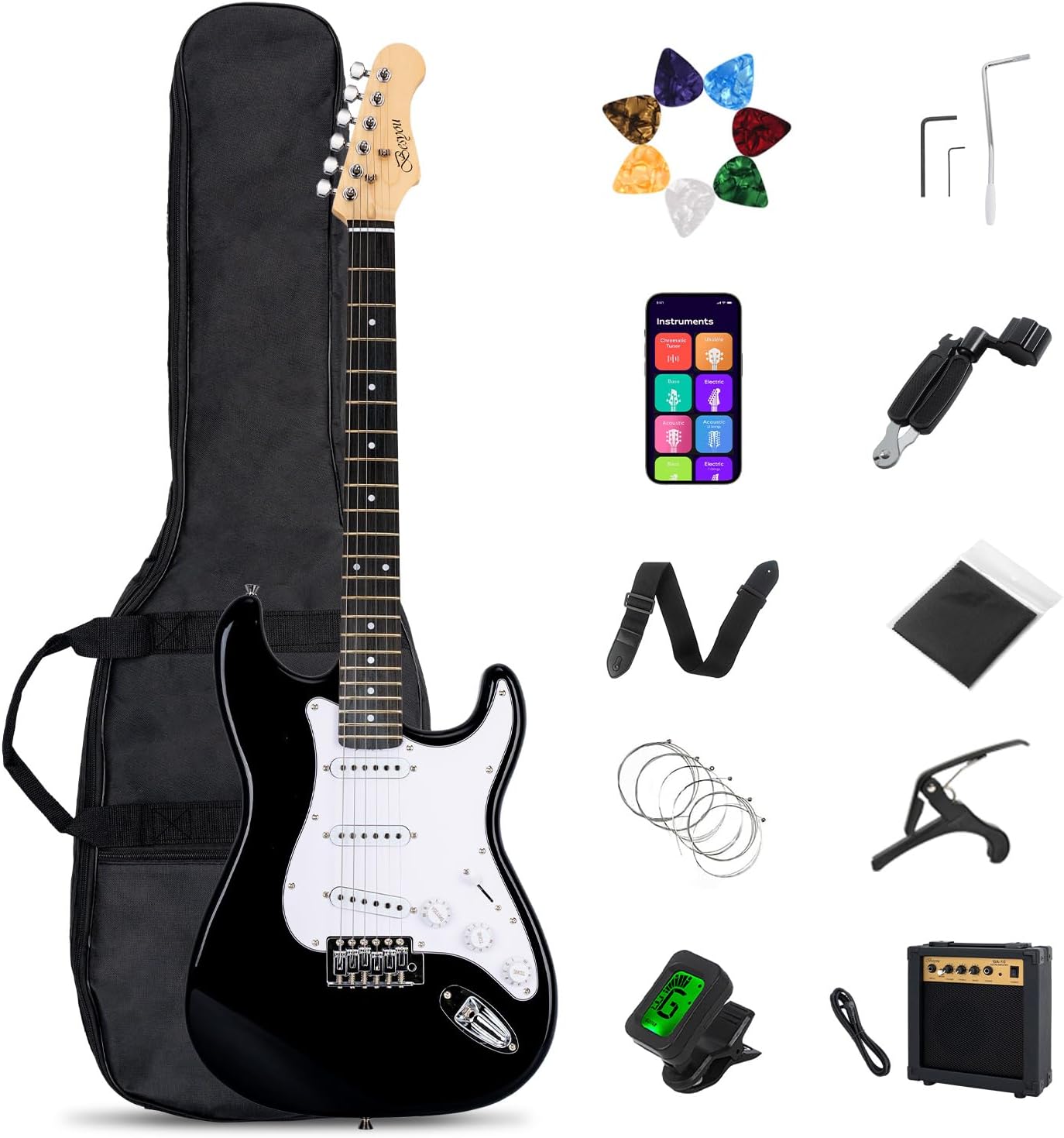 Electric Guitar 39 Inches Beginner Electric Guitar Kits with Amp Classic SSS Pickup Complete with Gig Bag Tuner Capo Strap Picks Guitar String Winders Black