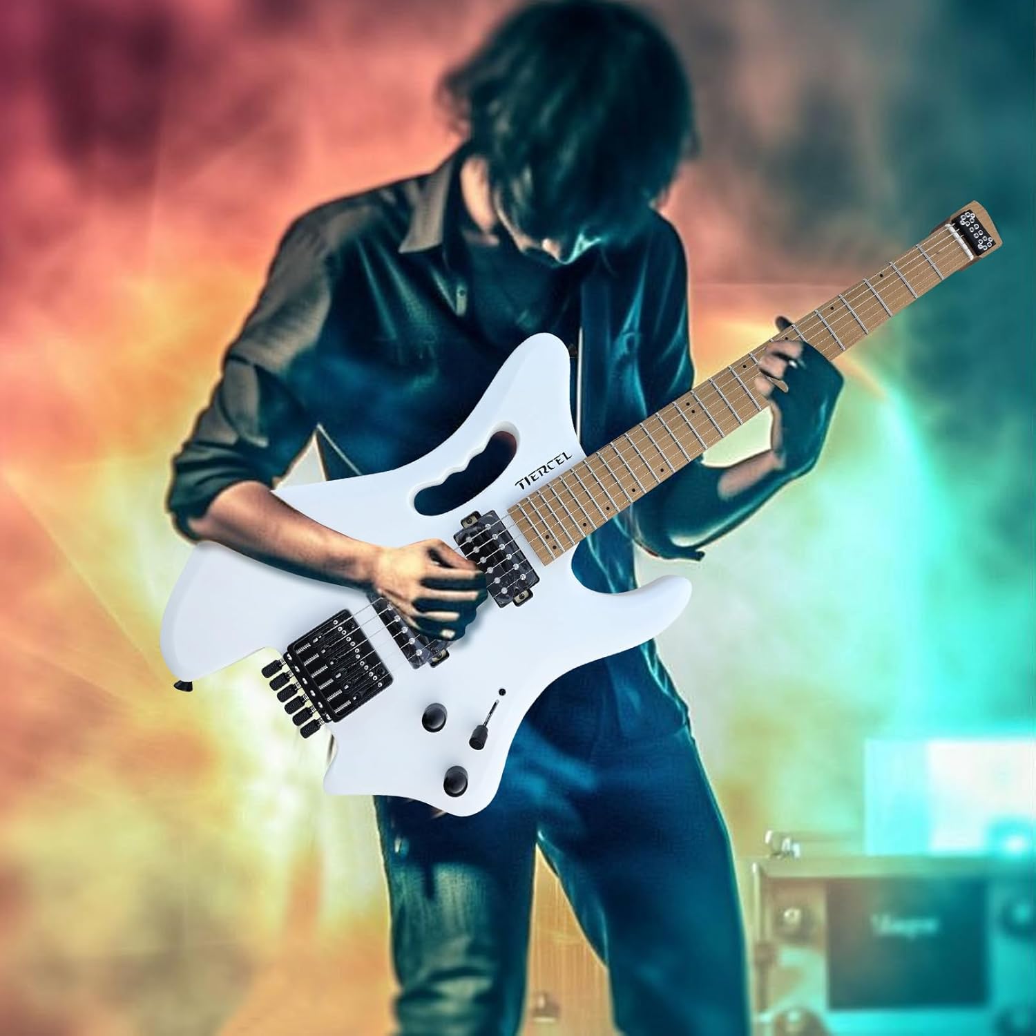 Headless Electric Guitar, Full Size Electric Guitar Solid Body Electric Guitar, Headless Guitar For Starter, Intermediates and Professionals with Tools, Gig Bag Solid-Body Electric Guitar (White)