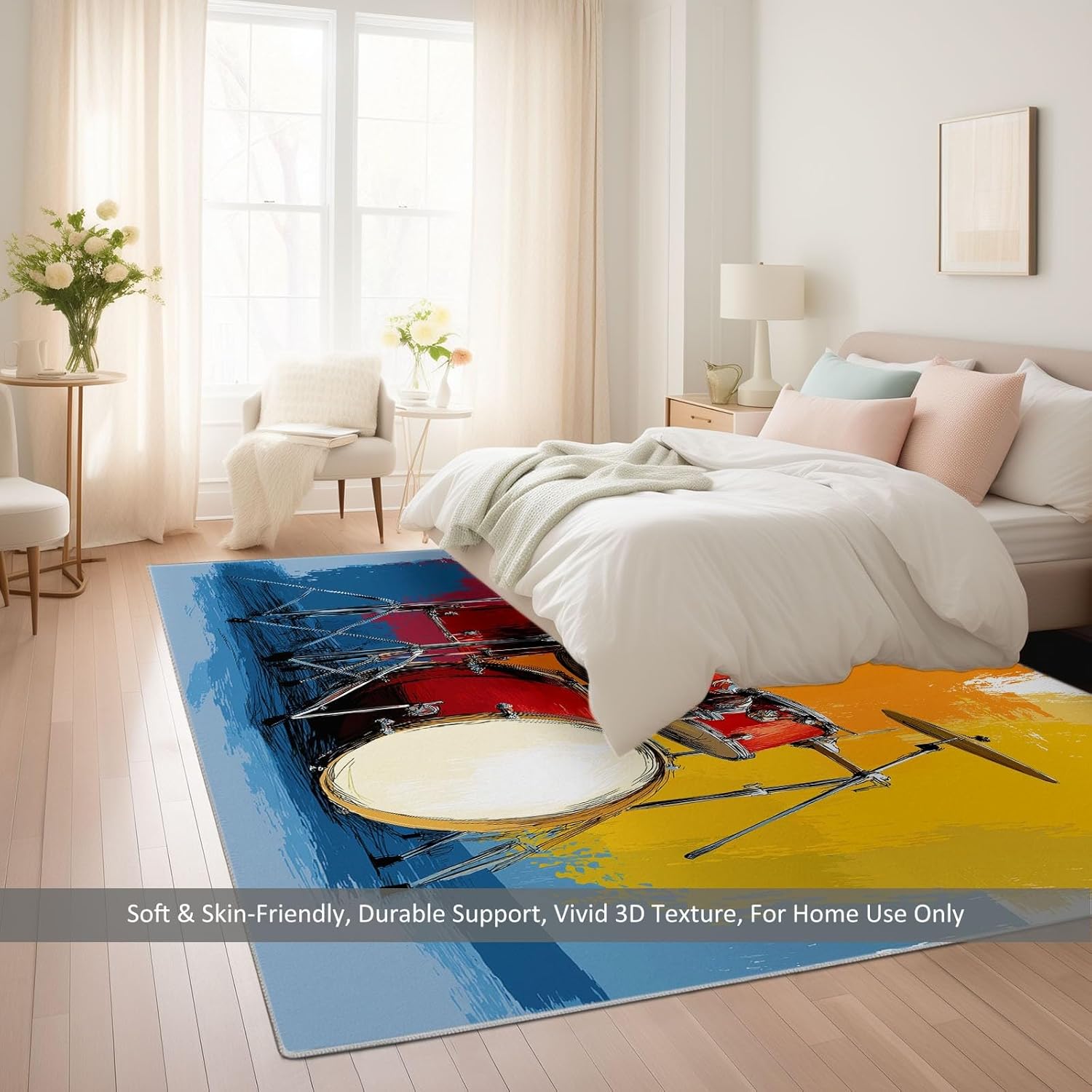 Area Rug for Living Room 8x10 ft Colorful Graffiti Drum Kit Machine Washable Non-Slip Rugs, Soft Accent Rugs, Lightweight Carpet, Foldable Easy Care, Stylish Indoor Area Rug