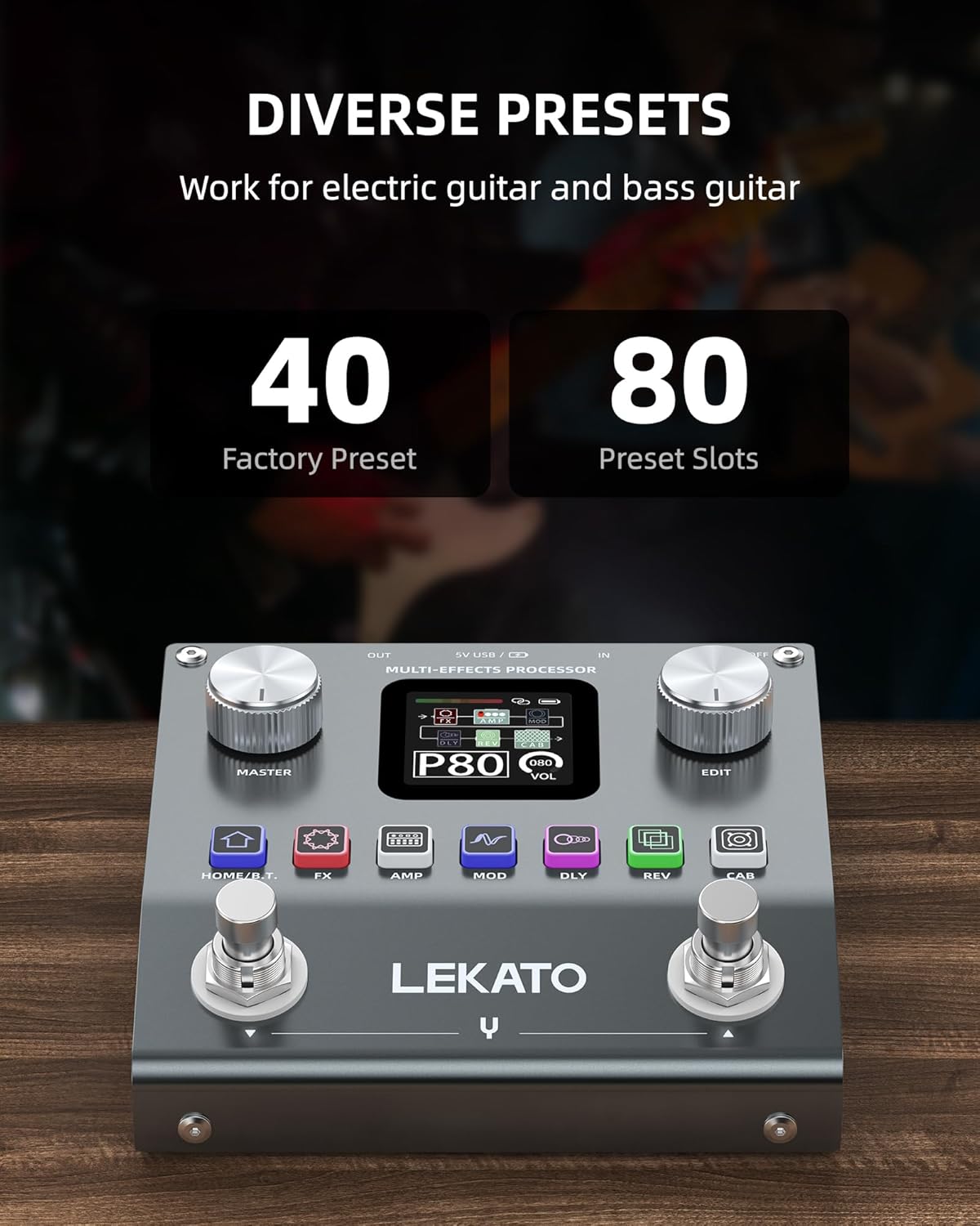 LEKATO Multi Effects Guitar Pedal, Electric Guitar Effects Pedal, Pocket Rechargeable Effects Processor with 6 Effects Modules, 80 Presets, 20 IRs, BT Audio, Headphone Output