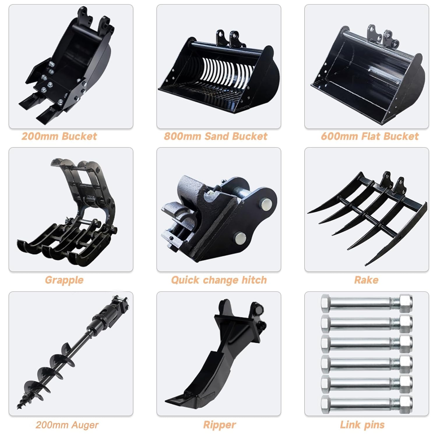 USA Stock Mini Excavator Attachments with Narrow Bucket, Ripper, Rake Auger, Grapple, Quick Hitch, Screening Bucket Total 8pcs Excavator Accessories Kit