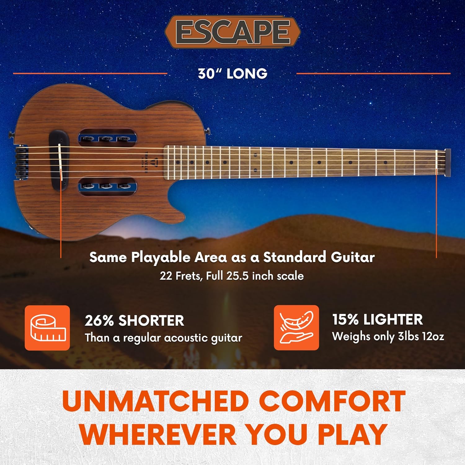 Traveler Guitar Escape Mark III Mahogany Acoustic Guitar | Portable Acoustic with Built-in Headphone Amp | Full 25.5