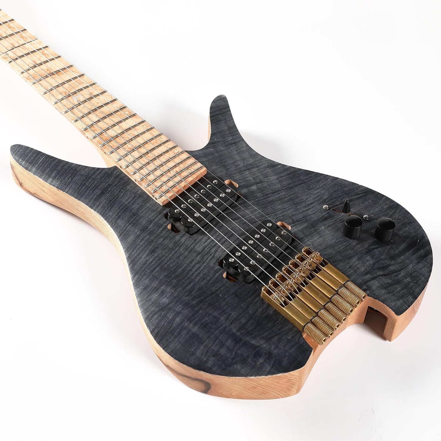 7 String Fanned Fret Headless Electric Travel Guitar Ash Wood with Flame Maple Veneer Professional Headless Guitar
