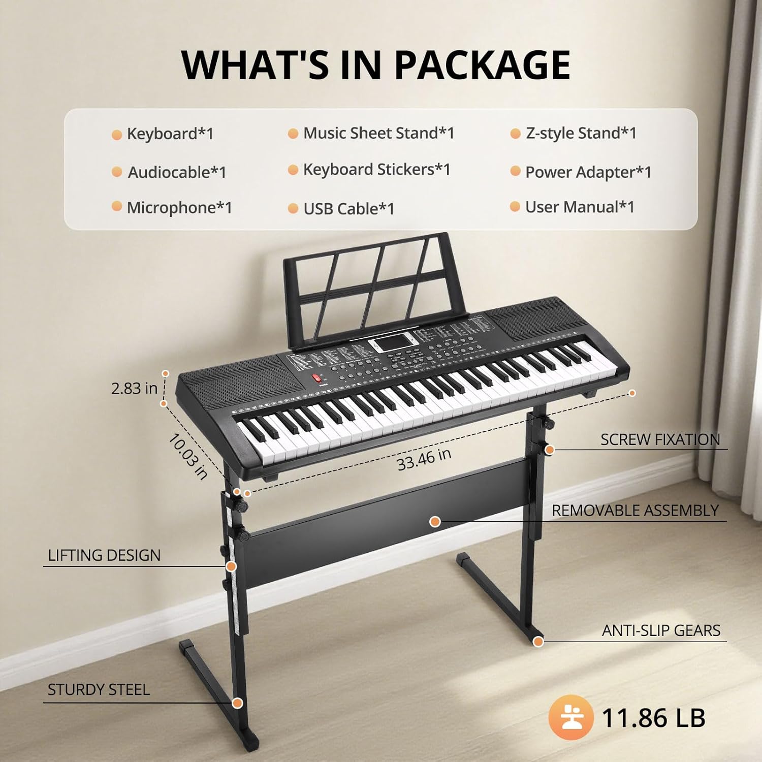 RIVVTA 61 Key Keyboard Piano with Stand for Beginners Portable Electronic Keyboard Piano Kit with 200 Tone 200 Rhythm 60 Demo Microphone Power Supply Sheet Music Stand Black(REK-10)