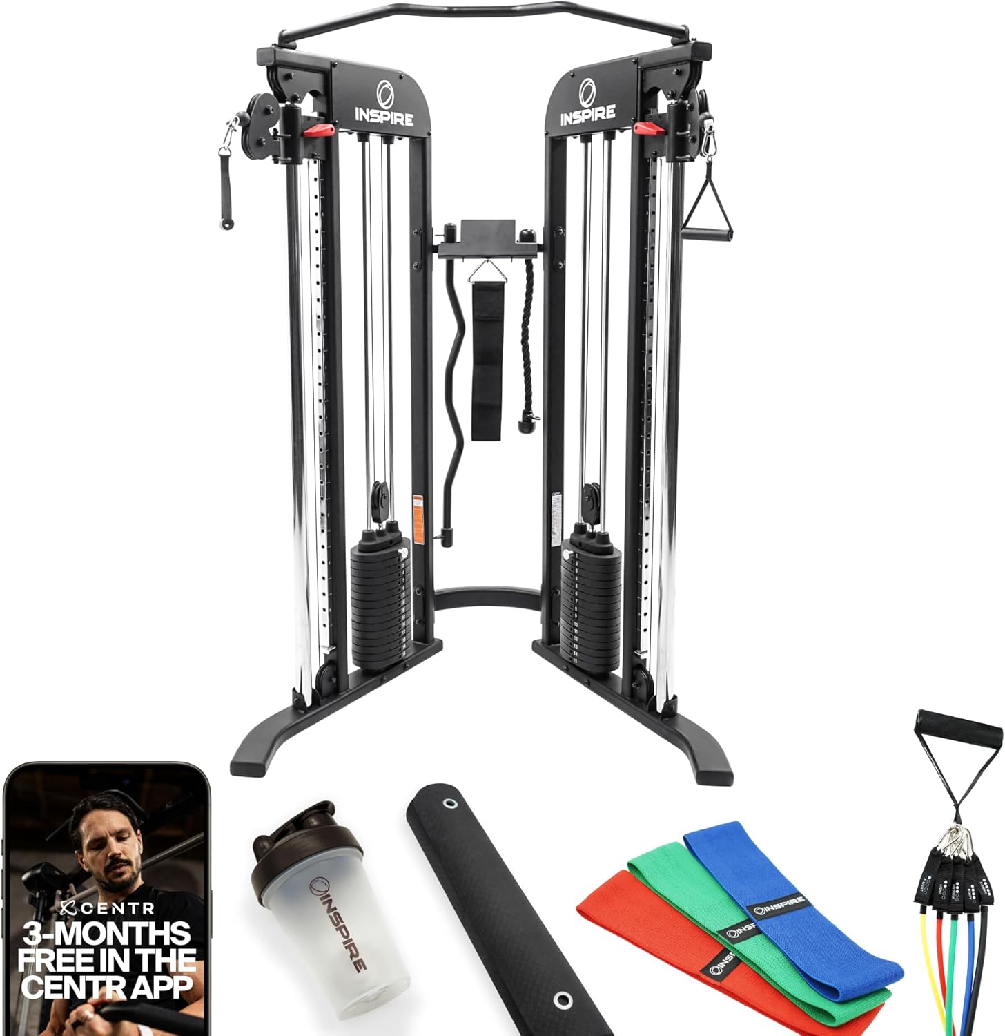 Inspire Fitness FTX Functional Trainer and Fitness Essentials Kit - Compact at Home Workout Machine with Accessories - Space Saving Design - Home Gym Cable Machine