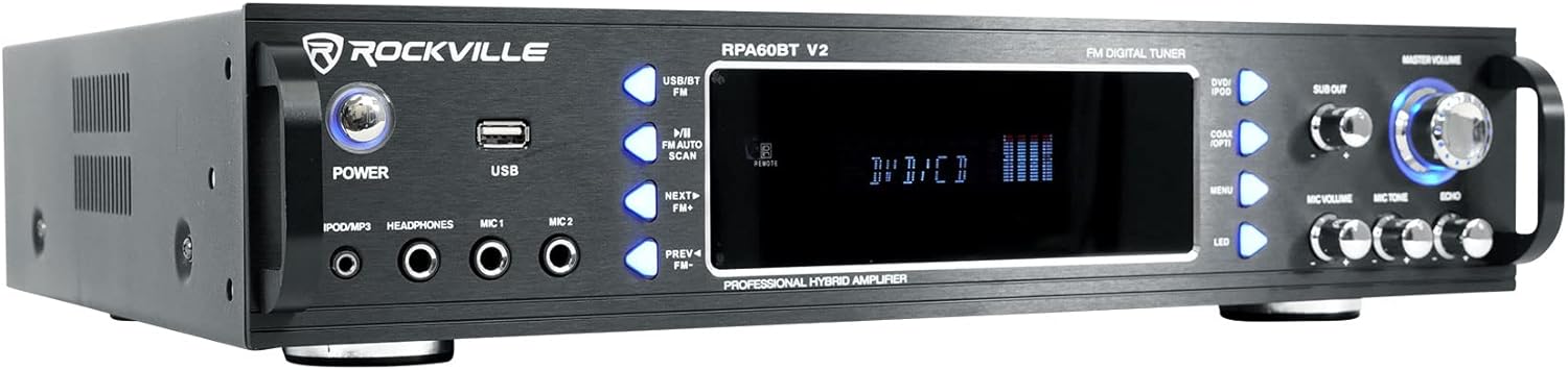 Rockville RPA60BT V2 1000 Watt 2-Channel Amplifier Mixer, Bluetooth, USB, Mic Inputs, EQ Controls, for DJs and Karaoke