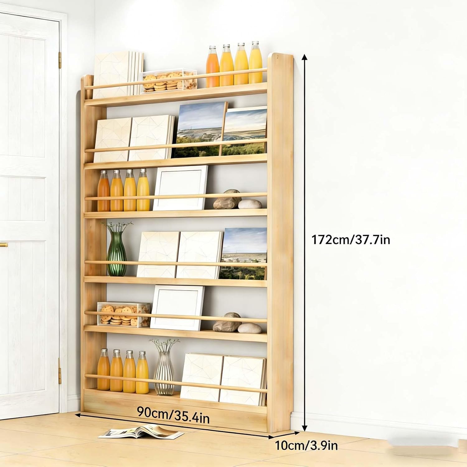 Wall Mount Bookshelf 6 Tier - Behind The Door Storage Cabinet, Slim Space Saving Kids Organizer, Wooden Hidden Book Shelf for Home(35.4 * 3.9 * 37.7in)