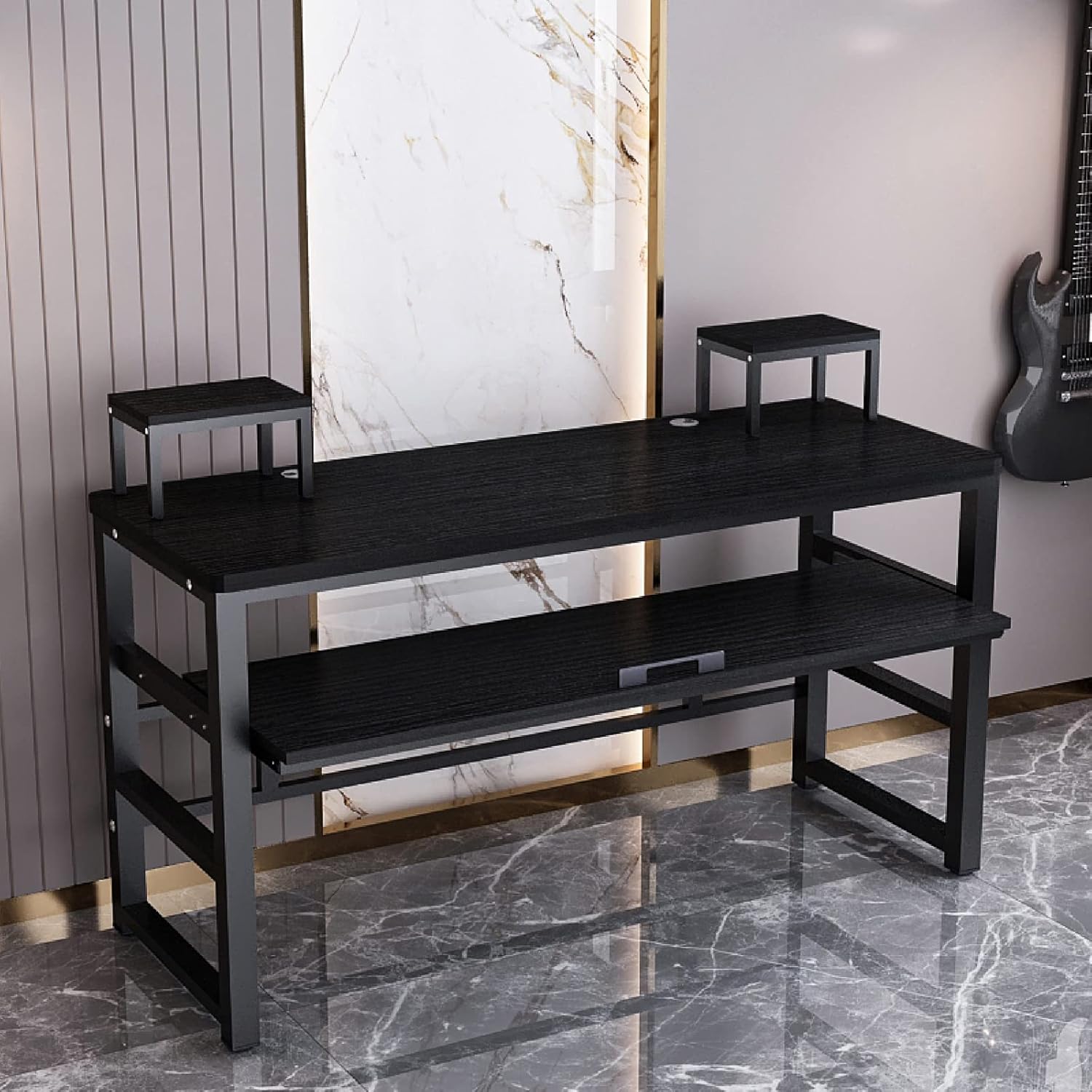 Music Studio Recording Desk with 1 Piano Keyboard Tray, Music Production Workstation, Home Office Furniture Wooden Table (Black Board + Black Frame, 63 inches)