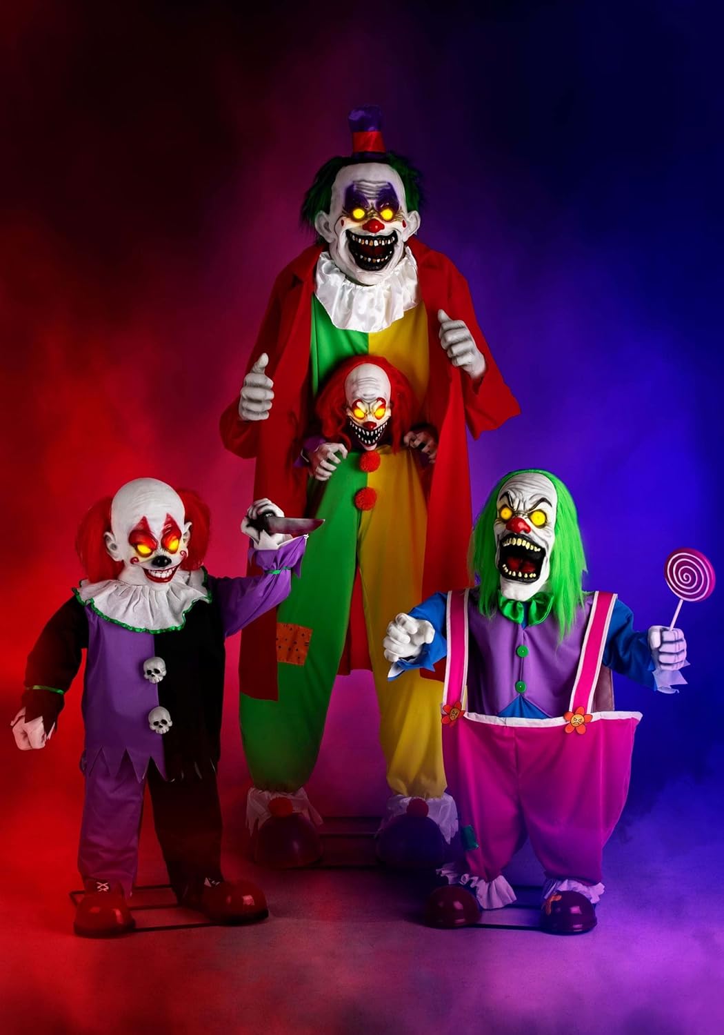 Fun Costumes 4FT Little Killer Clown w/Knife Animatronic Decoration, Lifelike Step-pad Activated Clown Halloween Decoration