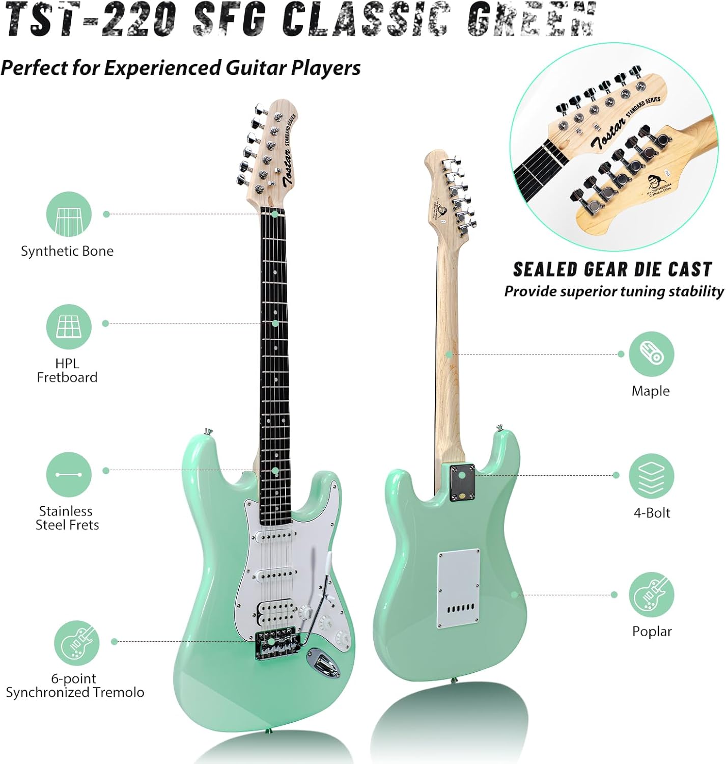 Tostar Electric Guitar Full Size Kit for Beginners 6 String with Amp SSH Pickup with Gig Bag,Capo,Tremolo,Tuner, Strap, Picks Green Electric Guitars 39