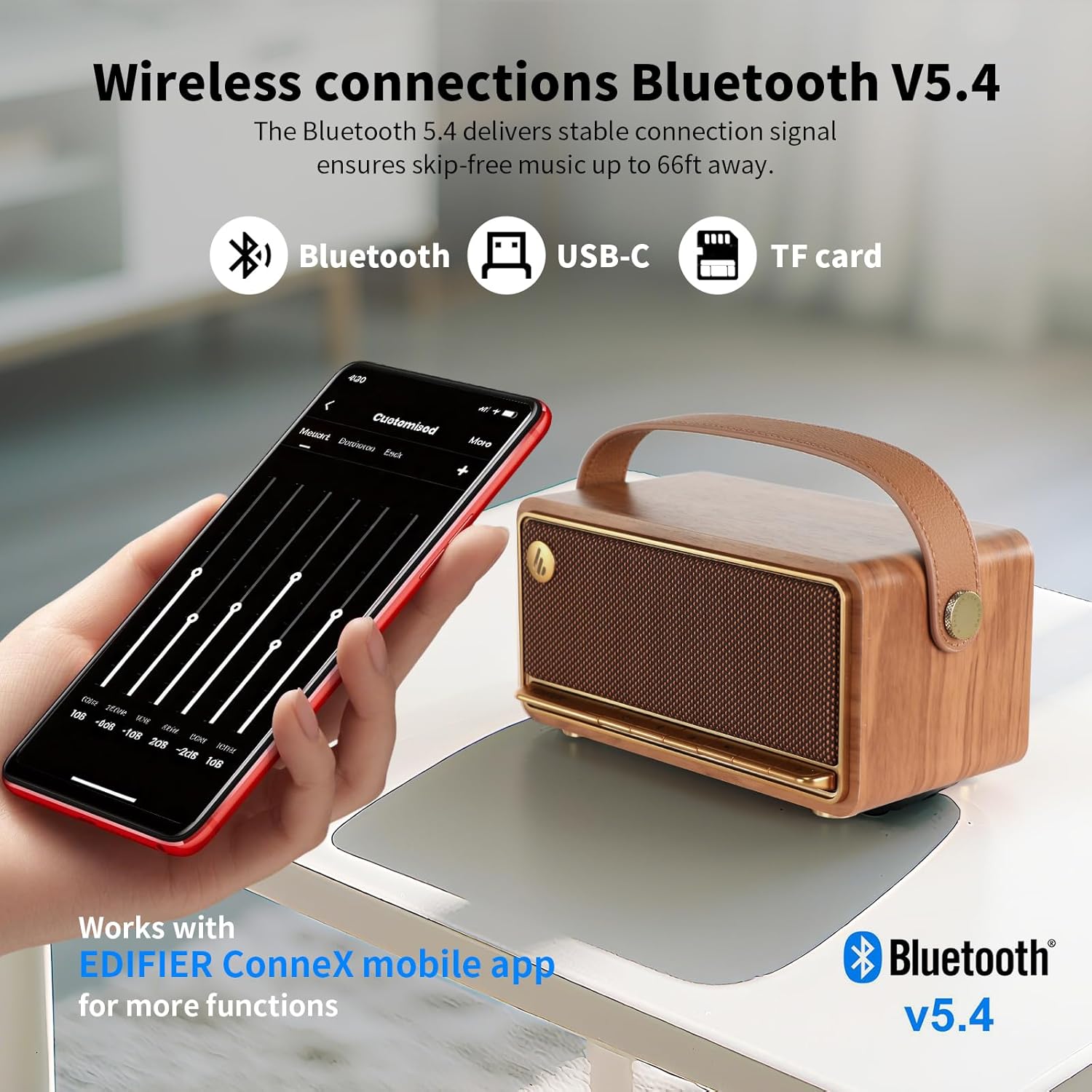 Edifier Retro Wood Bluetooth Speaker, Wireless Portable Speakers with 40W Hi-Res Audio, Stereo Pairing ConneX App, USB and TF Card Brown