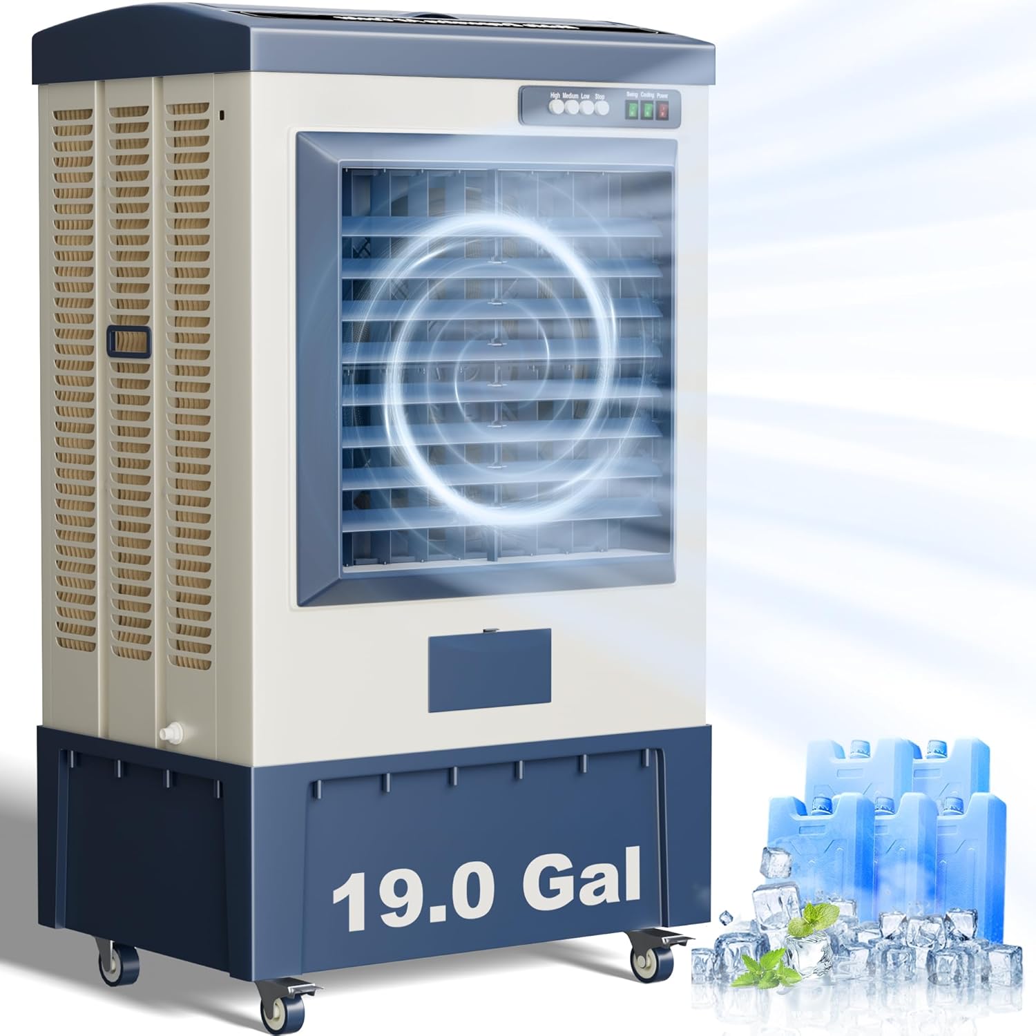Swamp Cooler,6500 CFM Evaporative Air Cooler,19 Gal Water Tank Outdoor Air Conditioner,3 Speed,Suitable for Indoor & Outdoor Garage,Patio,courtyard,factory workshop,50inch,Blue
