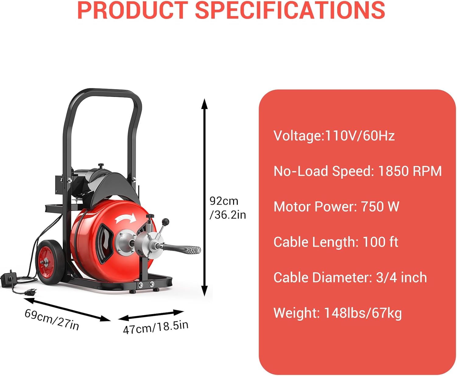 Drain Cleaning Machine 100Ft 3/4 Inch Cable, 450W Auto Feed Portable Electric Sewer Snake, Electric Drain Auger with 4 Cutter Air-Activated Foot Switch for 2