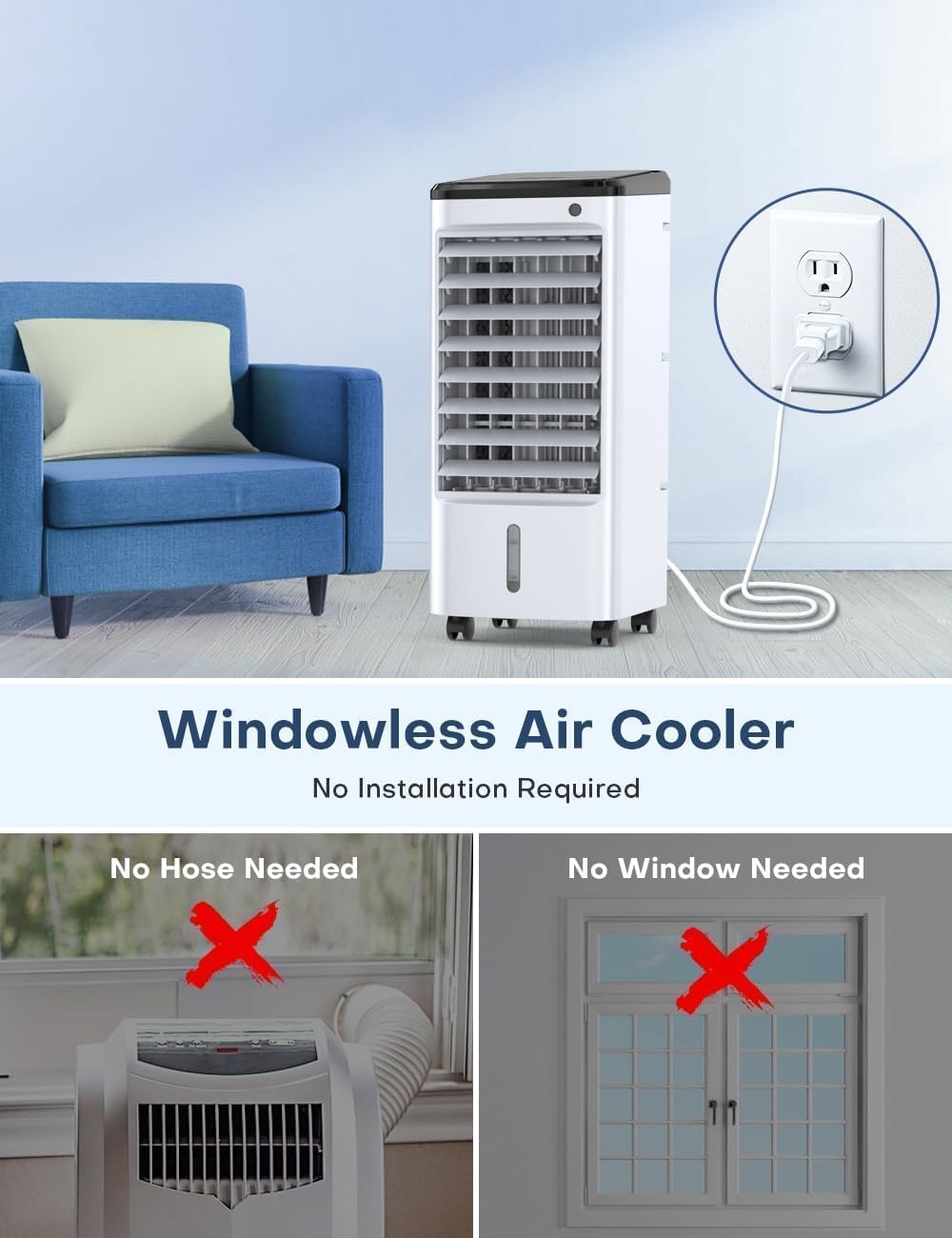 Evaporative Air Cooler, Swamp Cooler Air Conditioner w/ 12H Timer for Auto-off, 6 Upgraded Ice Packs, 3-Speed Windowless Air Conditioner, Smart Remote, Dual Tank Portable Air Cooler for Room