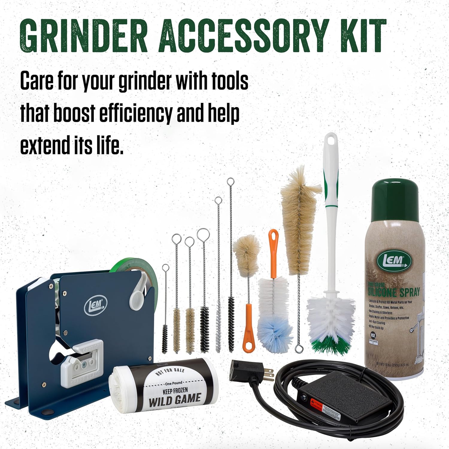 LEM Products Grinder Accessory Kit, Includes Foot Switch, Poly Bag Tape Machine, Meat Bags, Silicone Spray, and Brushes