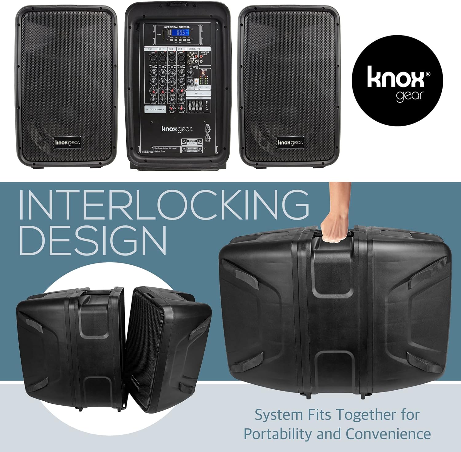 Knox Gear Dual Speaker and Mixer Set–Portable 8” 300 Watt DJ PA System with Wired Microphone & Tripod Stands, Amplifier, Bluetooth, USB, SD, 1/4” Line RCA, XLR Inputs, Ideal for a Party or Event