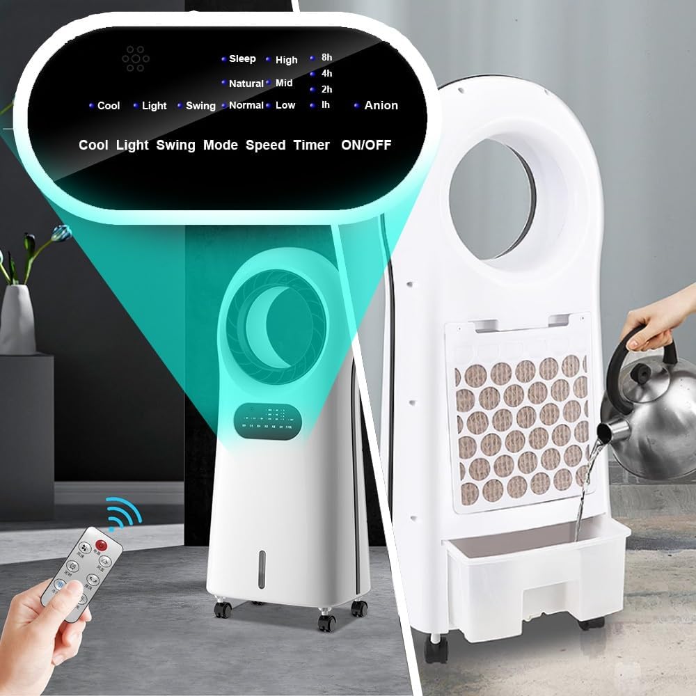 Generic Evaporative Cooler, Portable Bladeless Fan, Air Cooling Fan With Night Light, 8H Time, Humidifiers With Water Tank, Bladeless Conditioner Fan For Home Bedroom