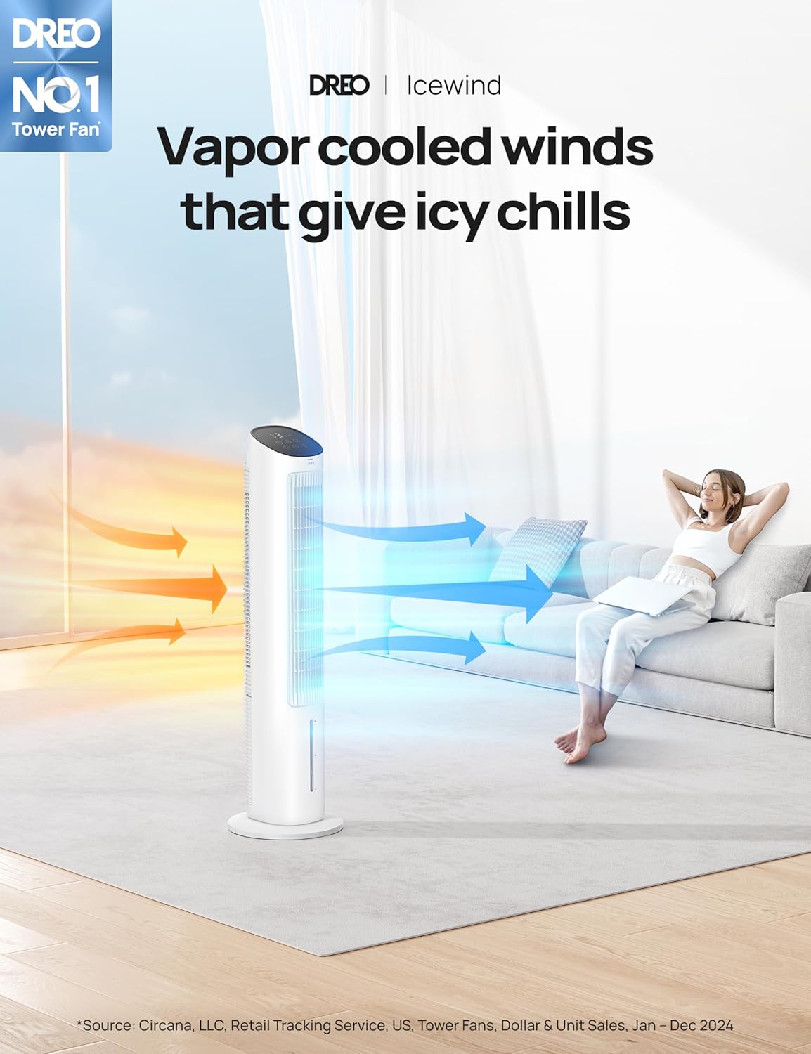 Dreo Portable Air Conditioners Fan, 40” Standing Fans that Blow Cold Air, Portable AC，80° Oscillating Evaporative Air Cooler，Removable Water Tank, Ice Packs, Remote Control, 4 Speeds, 7H Timer, White