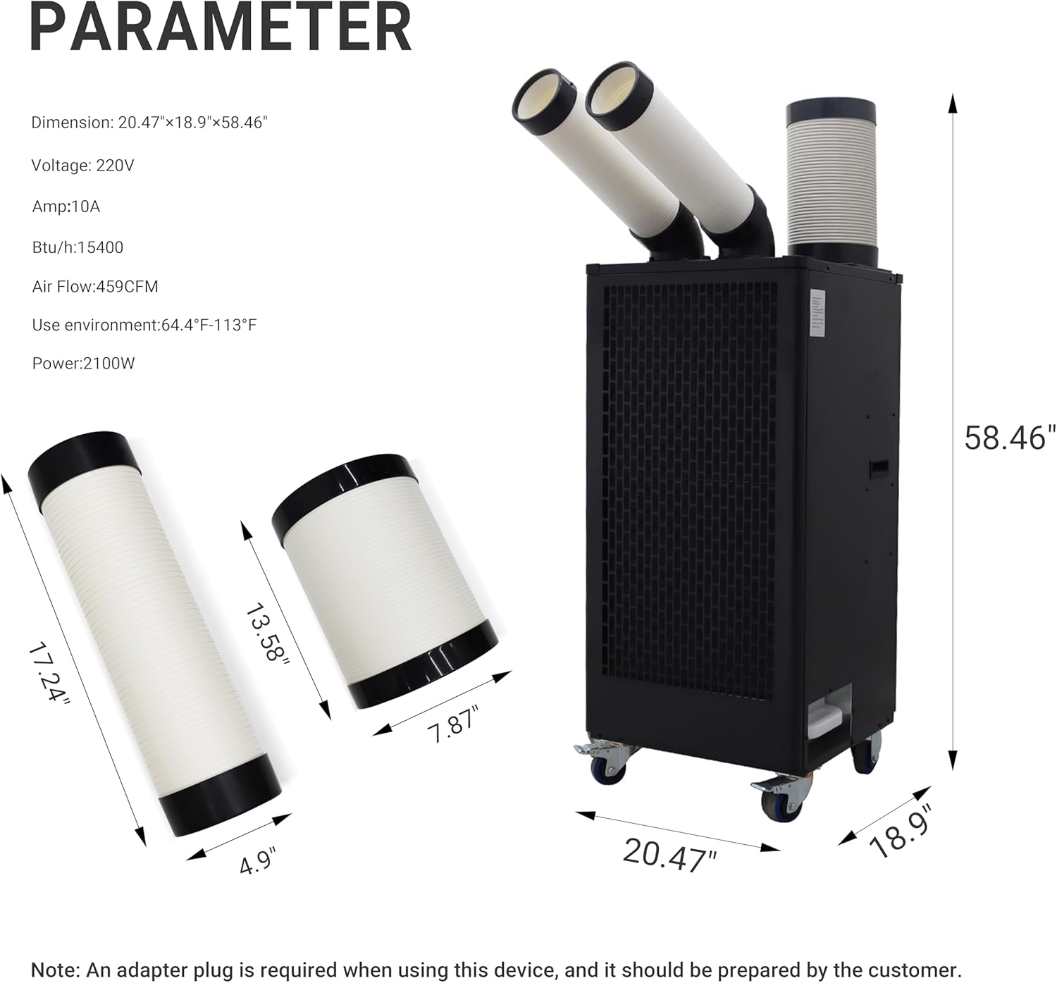 15400BTU/H Industrial Spot Cooler Air Conditioner Industrial Air Conditioner with 2.1Gal Water Tank Portable Mobile Spot Cooler Double Ducts 2.1KW 220V Black
