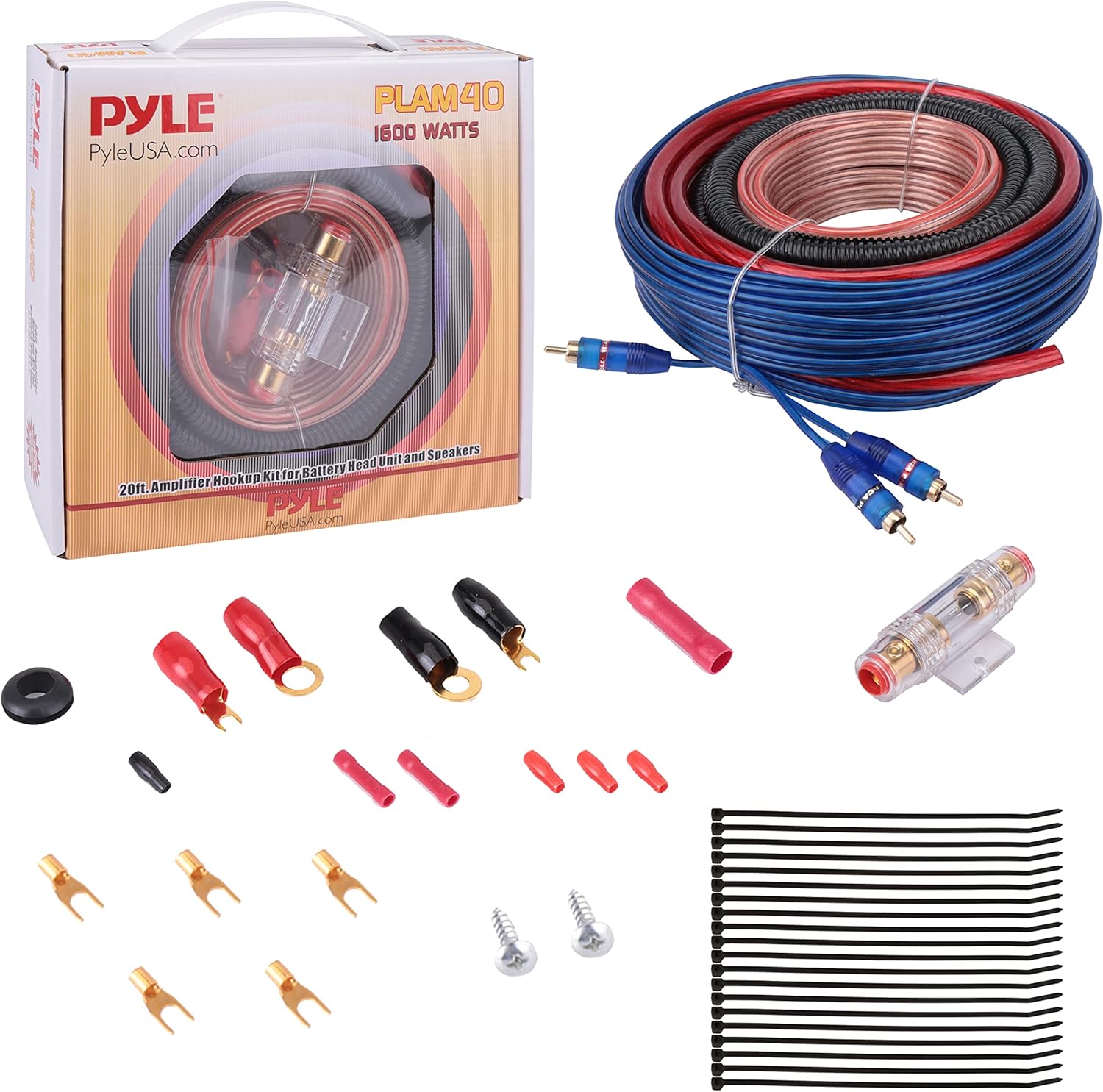 Pyle Car Stereo Wiring Kit - Audio Amplifier & Subwoofer Speaker Installation Cables (4 Gauge), Blue (PLAM40) & PAC SNI-35 Variable LOC Line Out Converter