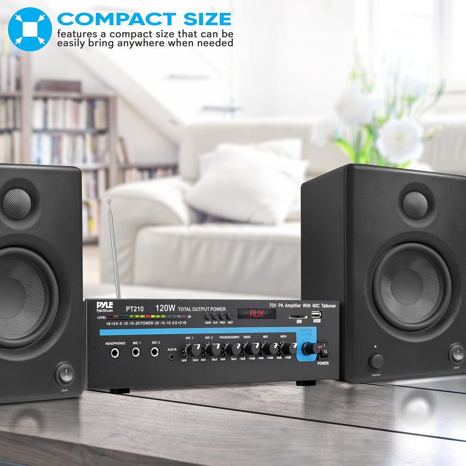 Pyle Public Address Mono Amplifier with Bluetooth - 120 Watt PA Amp with 70v Output, Dual Mic Inputs - Independent Vol Ctrl Per Channel - 3 Band EQ - For Home, Commercial, Restaurant, School - PT210