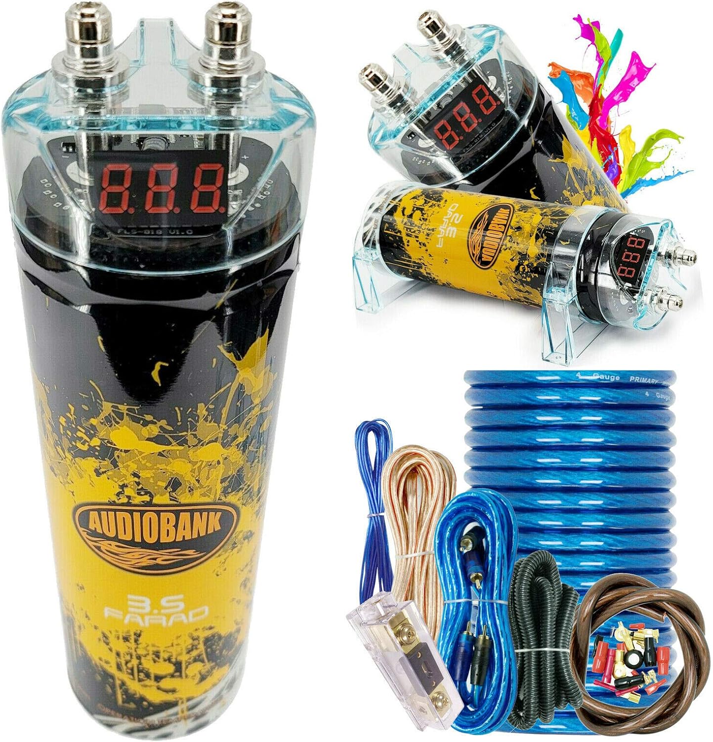 Audiobank 3.5 Farad Capacitor Car Audio 3500 Watts Power 12V Car Digital Power and Audiotek AT-BCC4AB Complete 4 Gauge Car Amplifier Installation Wiring Kit Blue