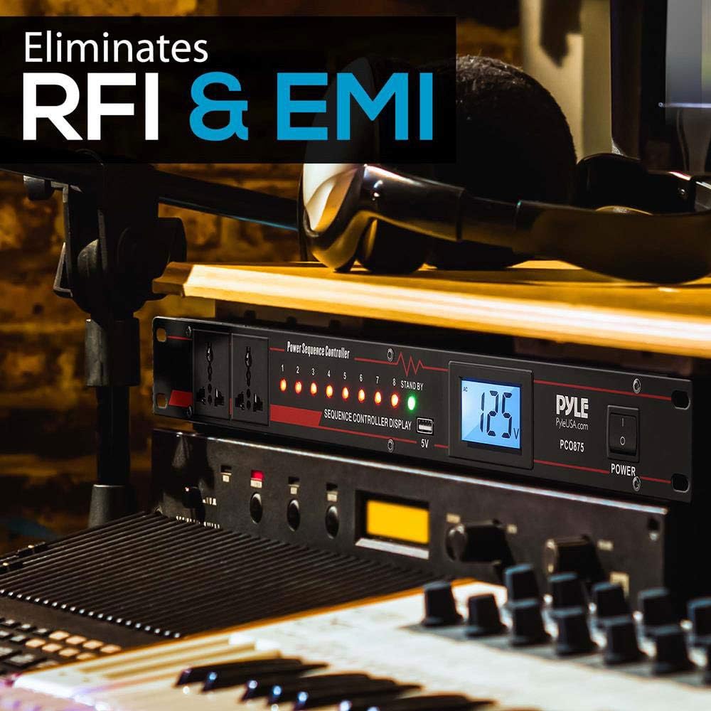 Pyle 10 Outlet Power Sequencer Conditioner - 13 Amp 2000W Rack Mount Pro Audio Digital Power Supply Controller Regulator w/Voltage Readout, Surge Protector, for Home Theater Stage/Studio Use - PCO875