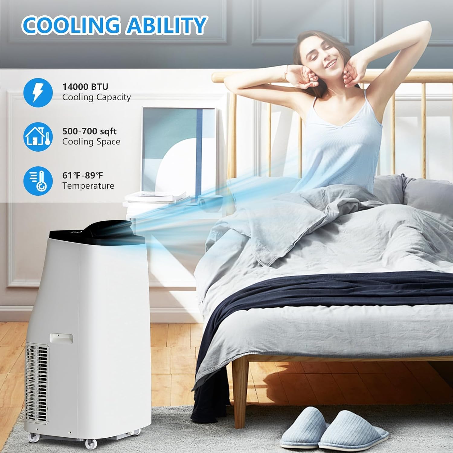 14,000 BTU Portable Air Conditioner Cools Up to 750 Sq.Ft, 3-IN-1 Quiet Portable AC Unit with Remote Control & Installation Kits for Large Room, Smart/Sleep Mode, Auto Swing, 24H Timer