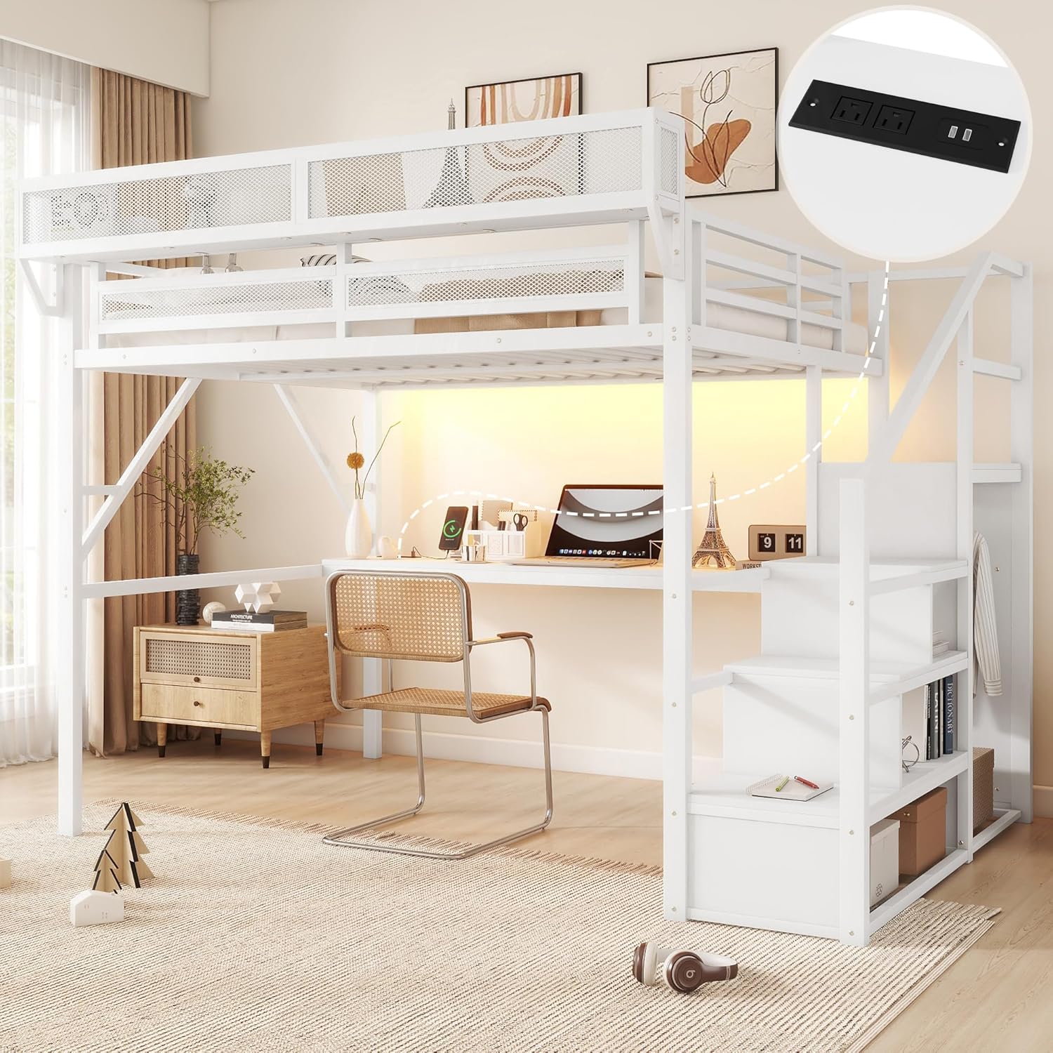 Queen Loft Bed with Desk and Charging Station, Queen Size Metal Loft Bed with Stairs and Light, Black, Patent Products (White)