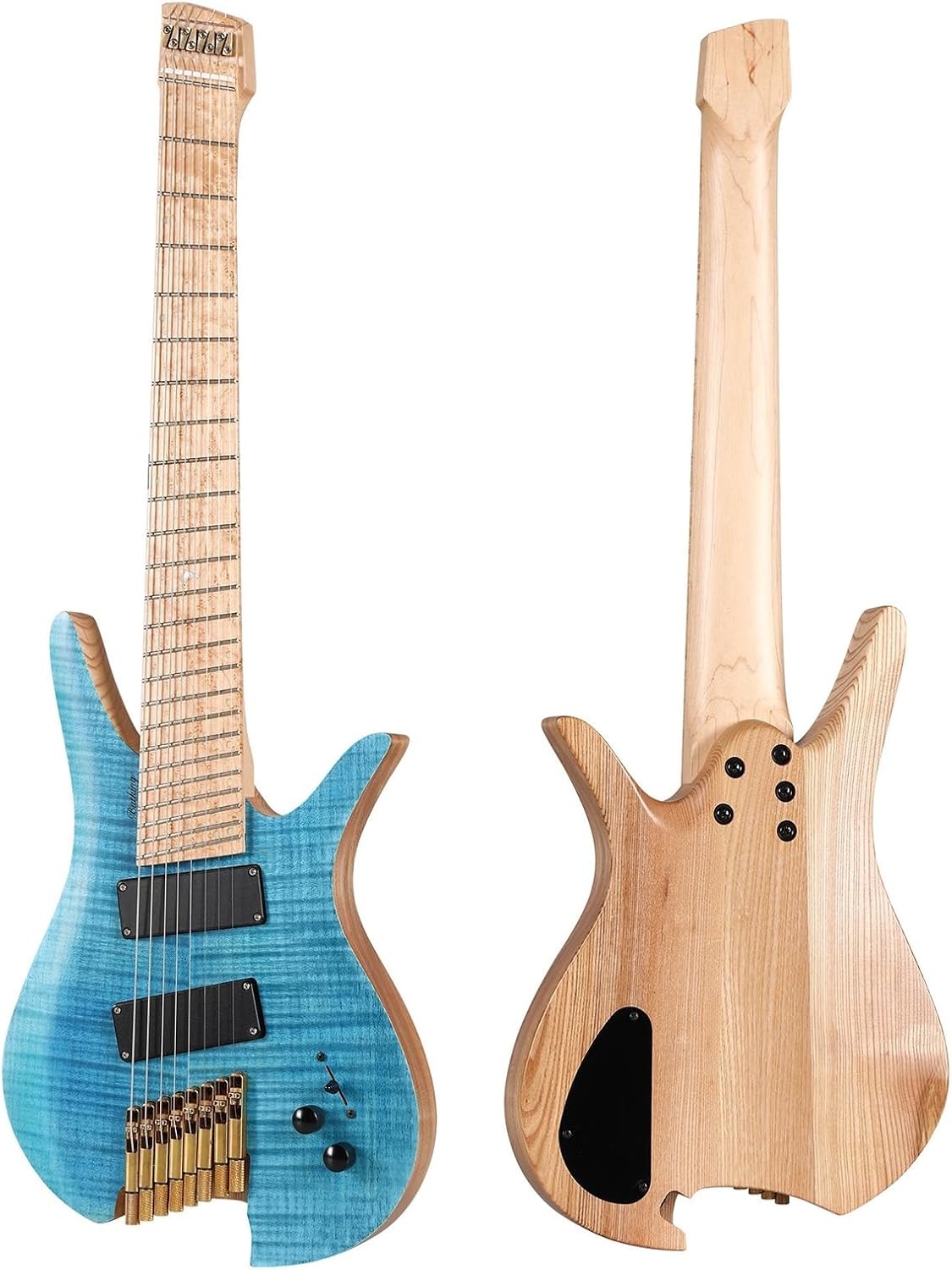 8-String Fanned Frets Headless Electric Travel Guitar - Blue Ash Wood With Flame Maple Veneer
