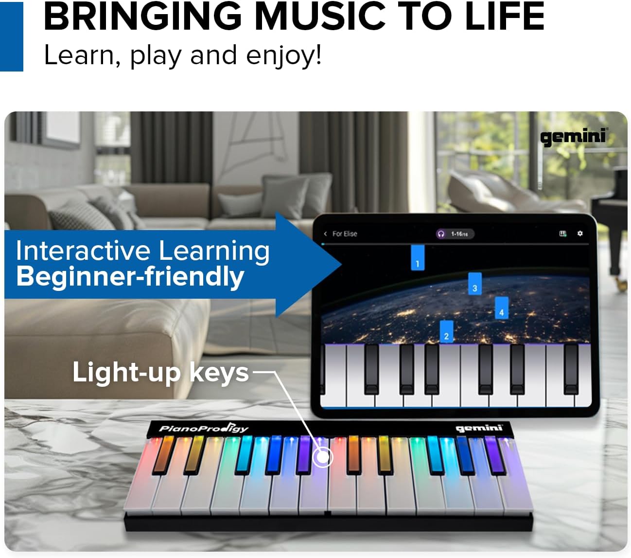 Gemini Sound PianoProdigy 24 Light-Up Keys Bluetooth MIDI Learning Keyboard – Wireless Controller for iOS/Android App (No Built-In Speakers, App Required)