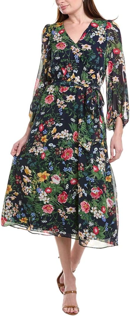 Anne Klein Womens Three Quarter Sleeve V Neck Midi