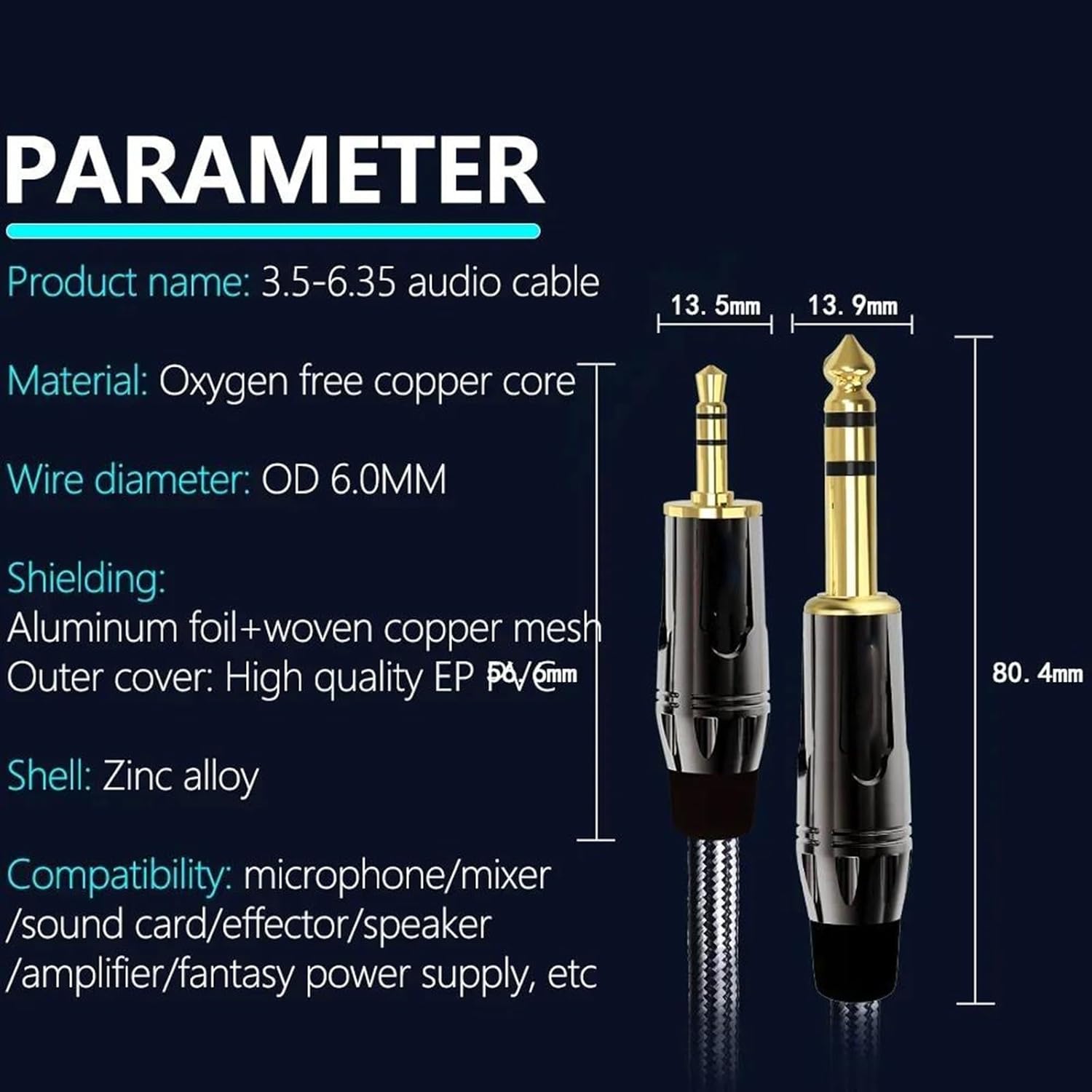 Pro Audio Cable 3.5 to 6.35 Stereo Cable 1/8 Inch Male TRS to 1/4 Inch Male TRS Cord for Guitar Piano Amplifier Home Theater(10m)